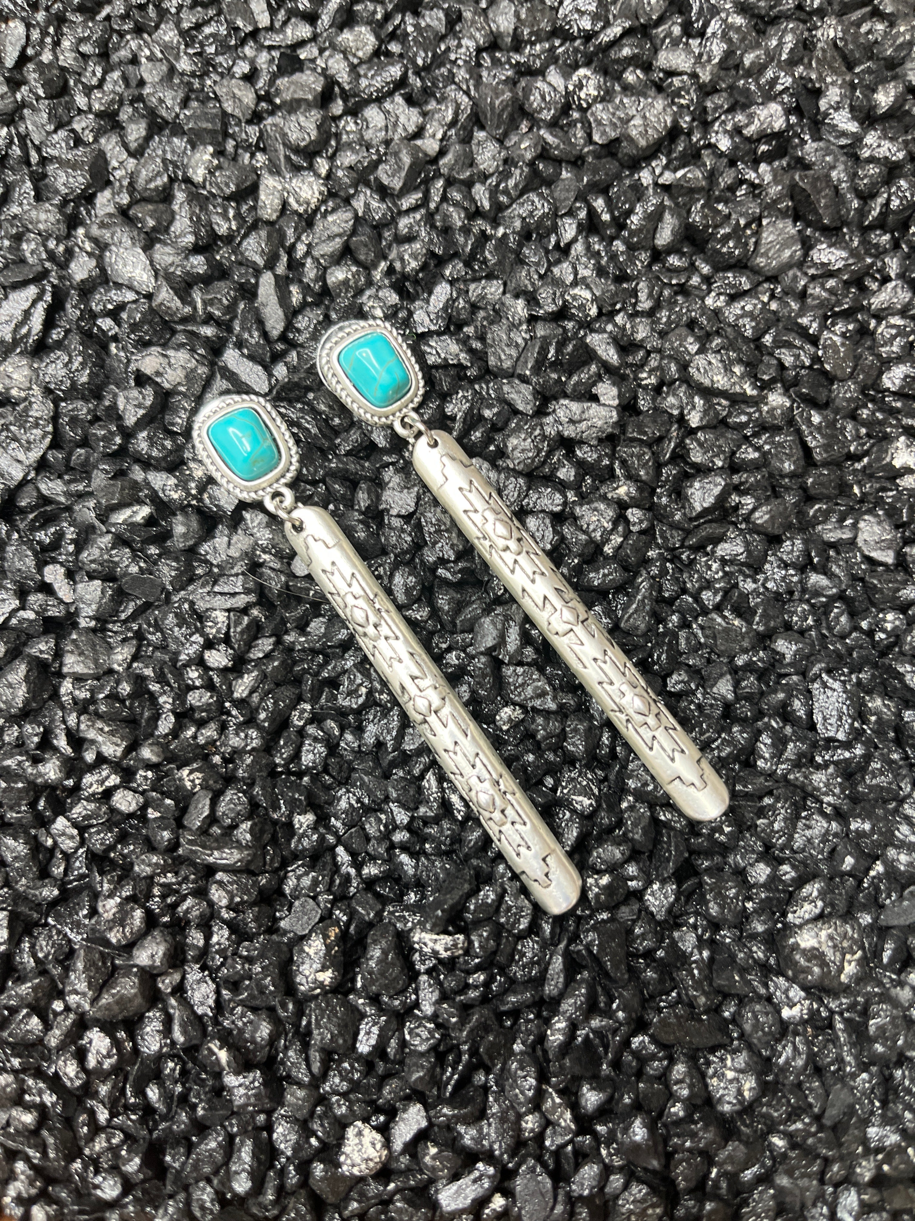 Faux Silver and Turquoise Stud Dangle Earrings Aztech Print