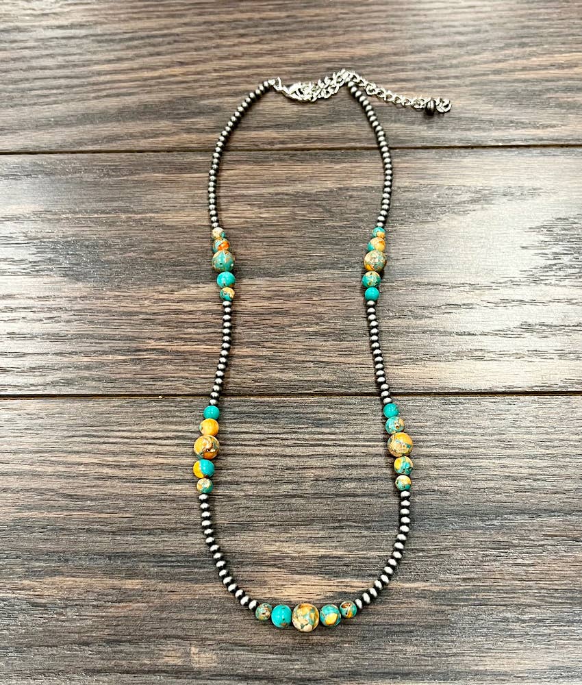 22" Faux Silver Pearls Western Gemstone Necklace