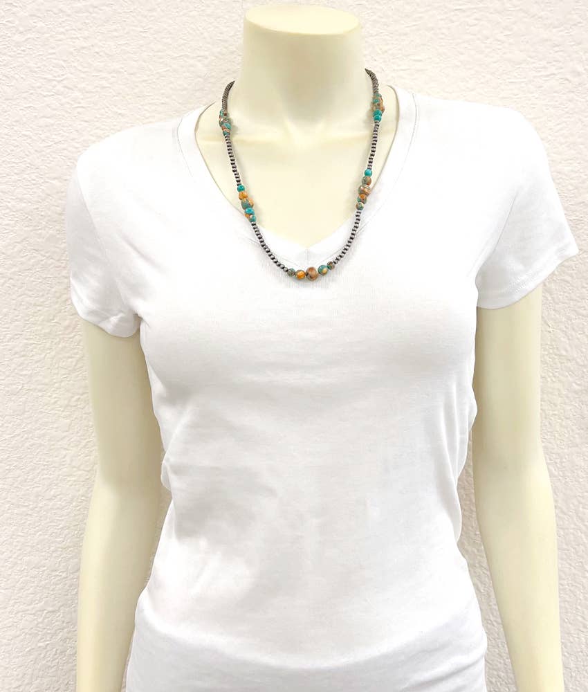22" Faux Silver Pearls Western Gemstone Necklace