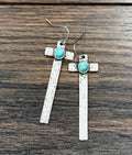 Faux Silver 2.2" Cross Turquoise Earrings