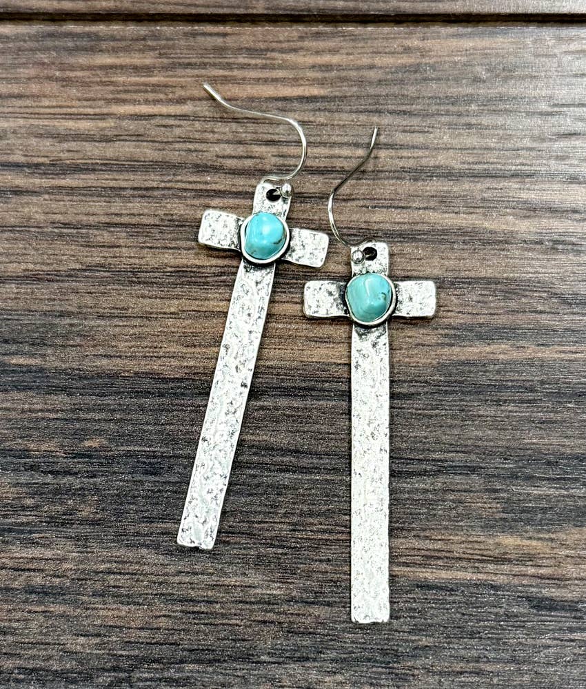Faux Silver 2.2" Cross Turquoise Earrings