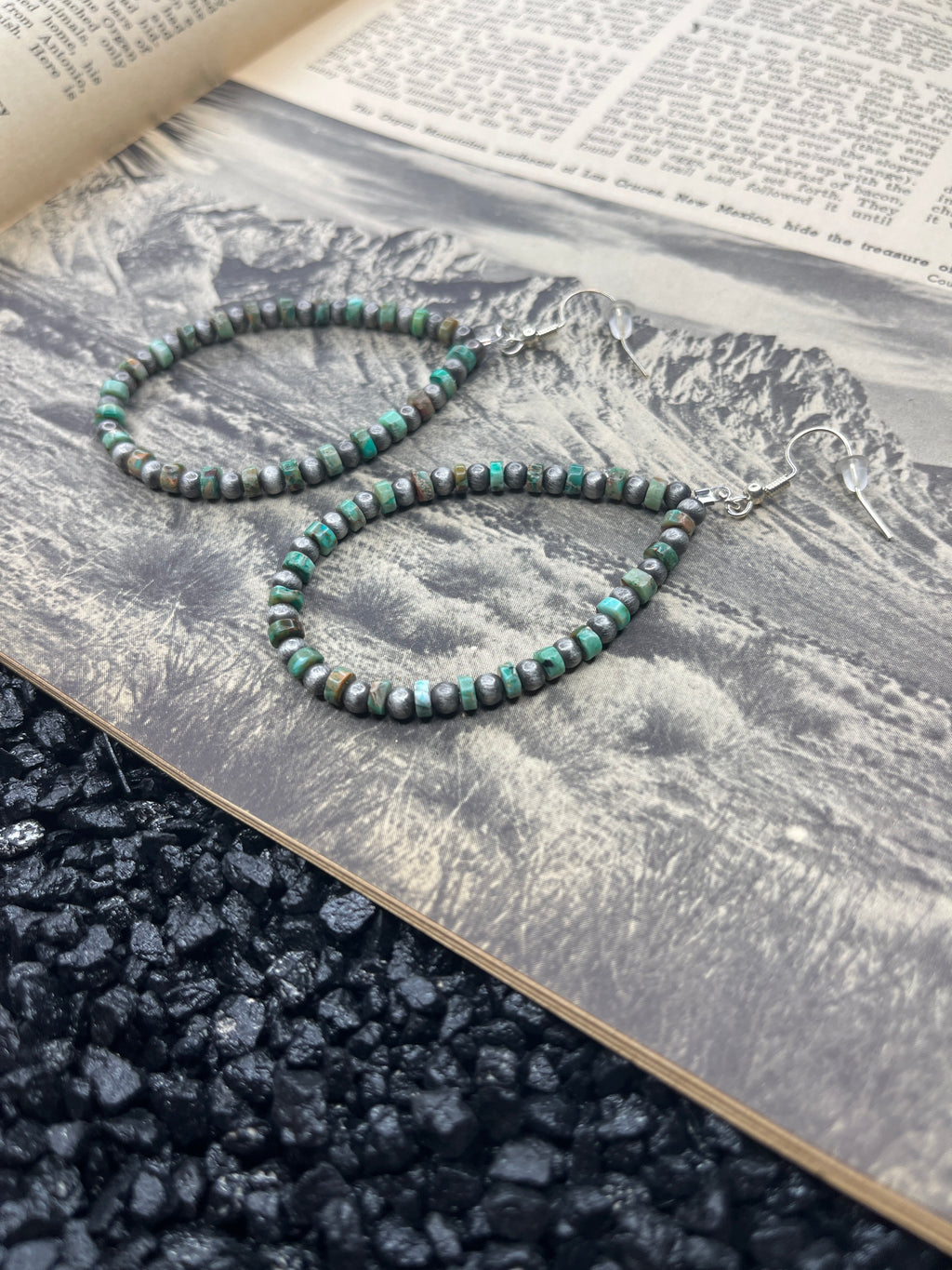 Faux Silver Pearls and Turquoise Drop Hoop Earrings