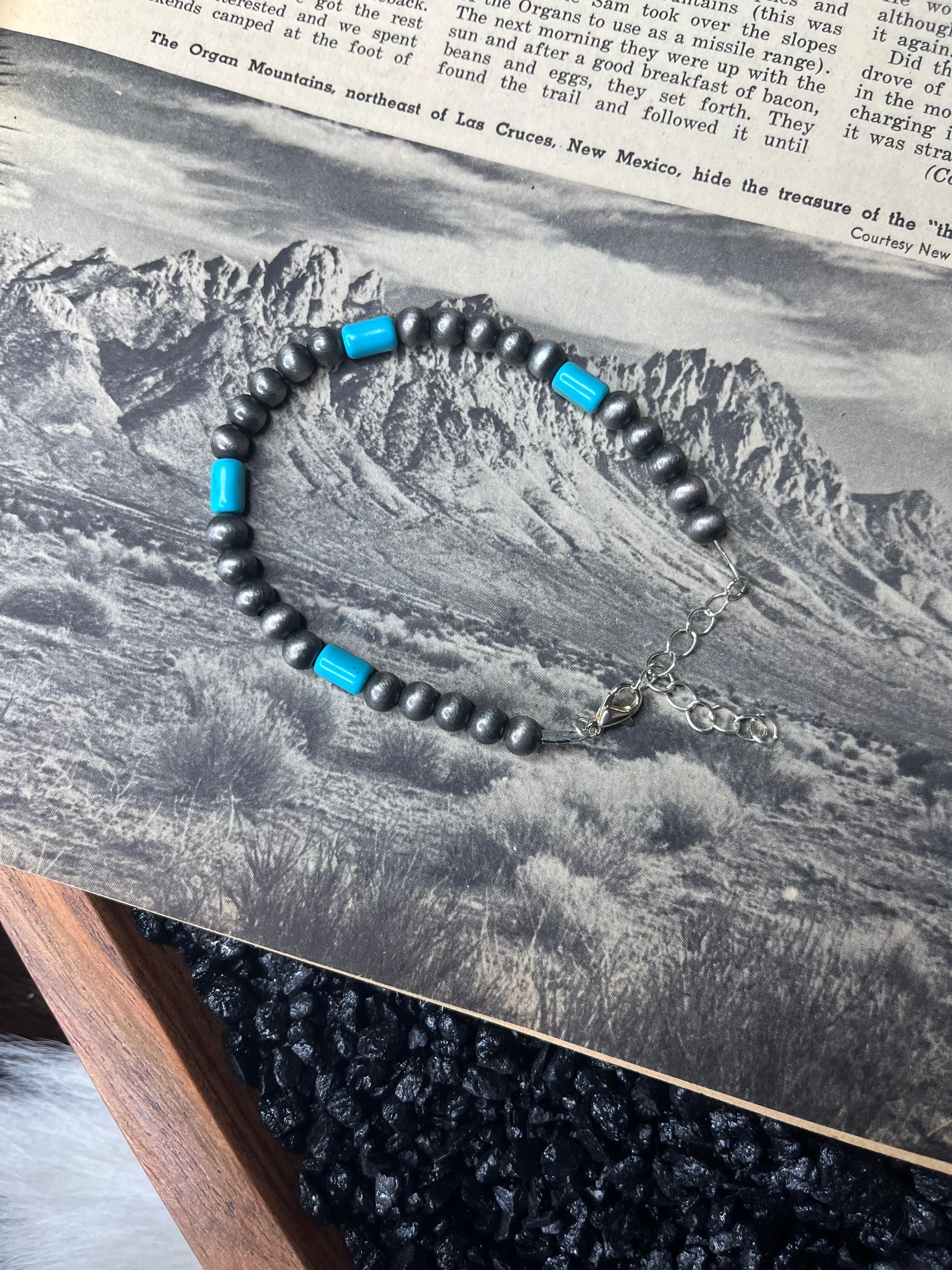 Faux Silver and Turquoise Long Bead Bracelet