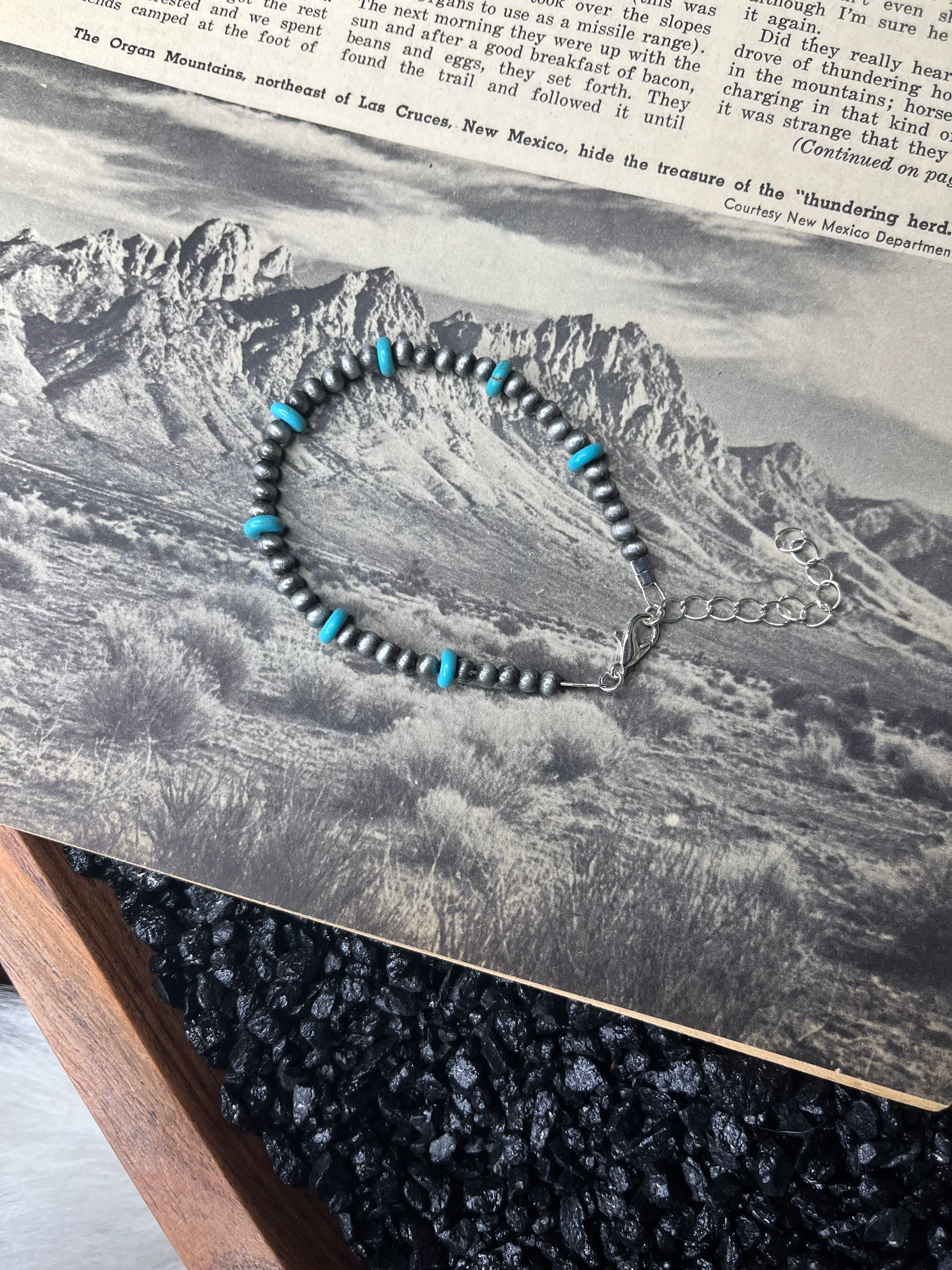 Faux 4mm Silver Pearls and 6mm Turquoise Saucer Bead Bracelet