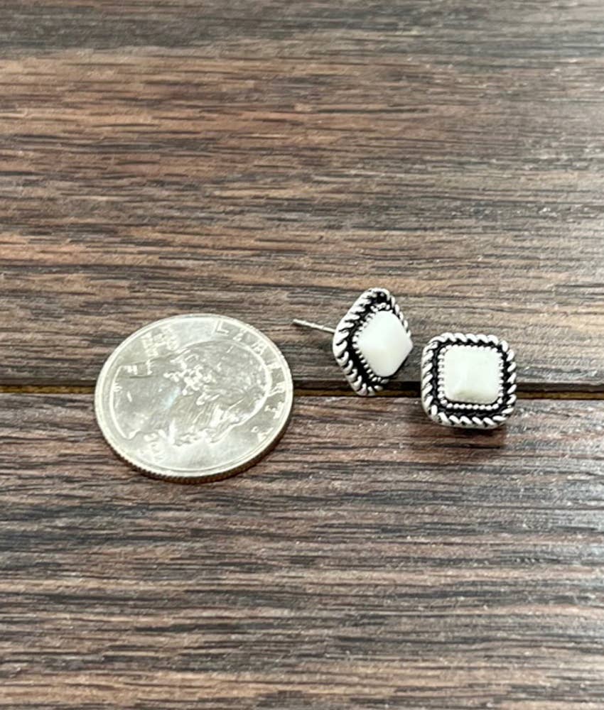 Faux Silver 6mm Square White Turquoise Stud Earrings