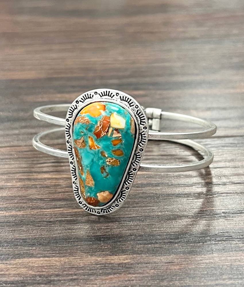 Faux Silver Western Gemstone Brass Cuff Bracelet