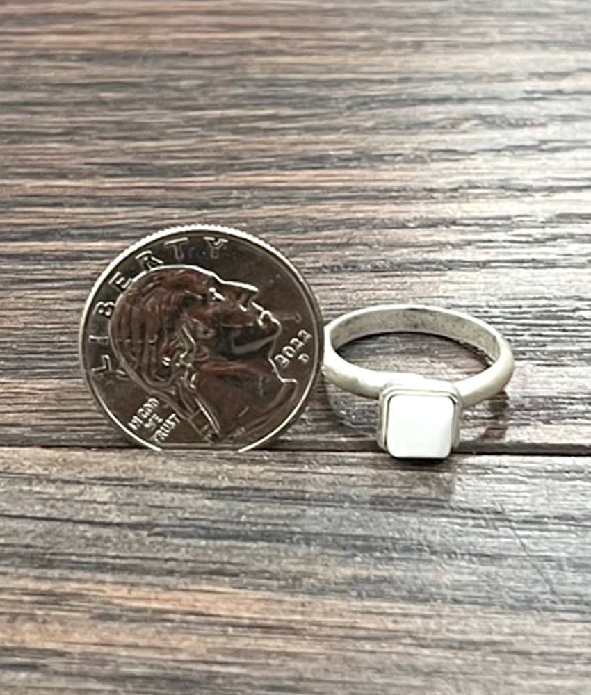 Faux Silver Small 5mm Square White Turquoise Adjustable Ring