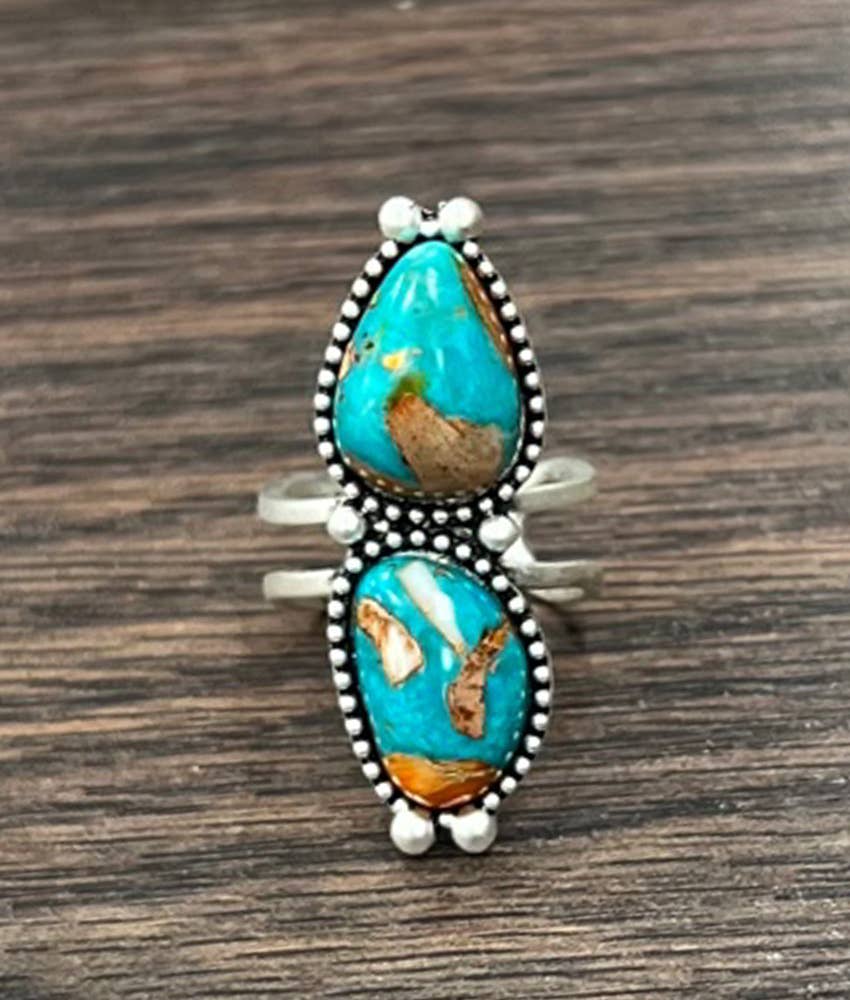 Faux Silver 1.5" Western Gemstone Adjustable Ring