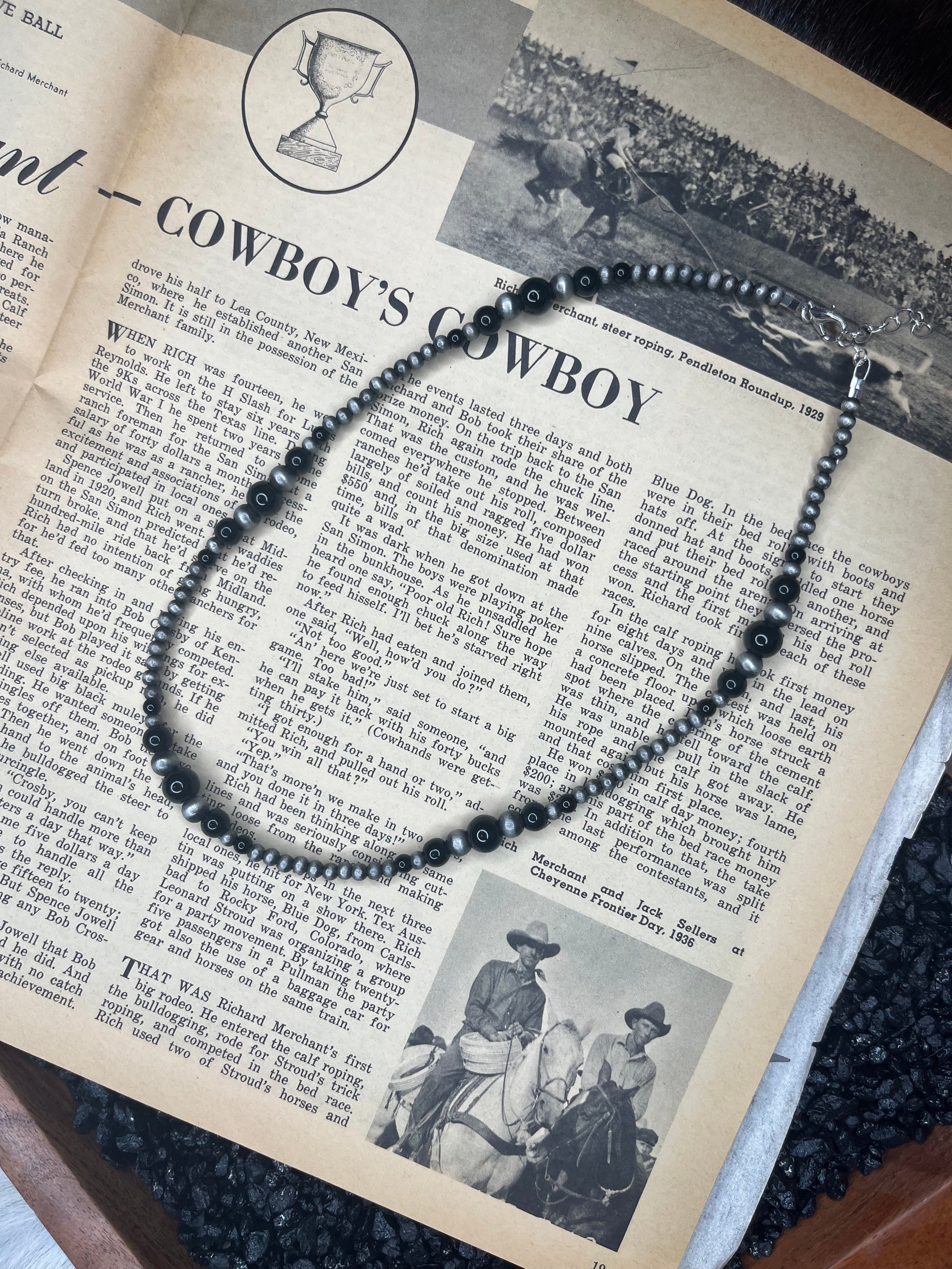 18” Faux Graduated Silver Pearls and Black Gemstones