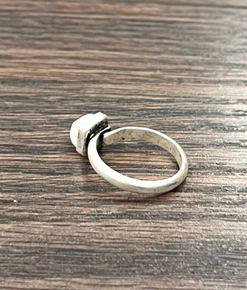 Faux Silver Small 5mm Square White Turquoise Adjustable Ring