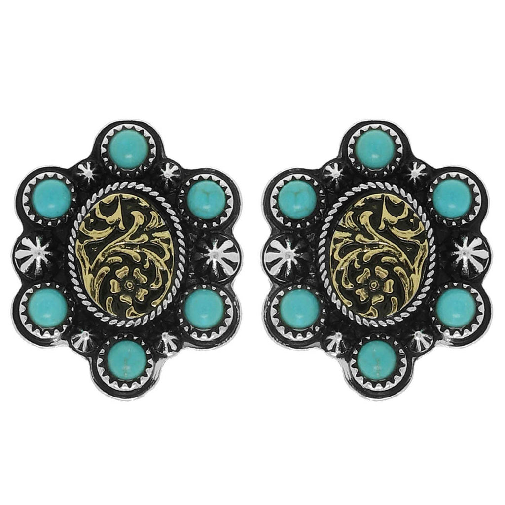 Faux Silver Western Turquoise Engraved Concho Stud Earrings