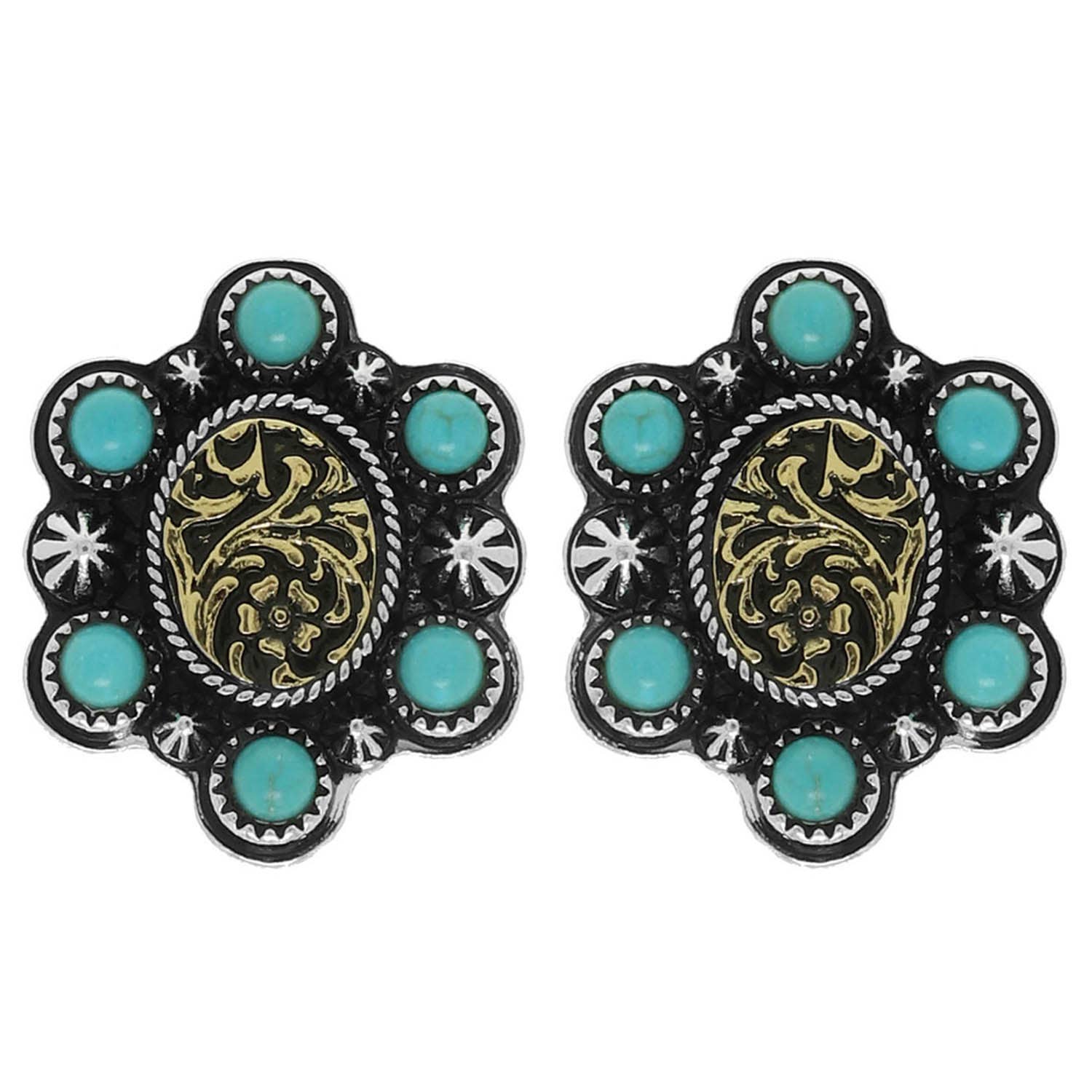 Faux Silver Western Turquoise Engraved Concho Stud Earrings
