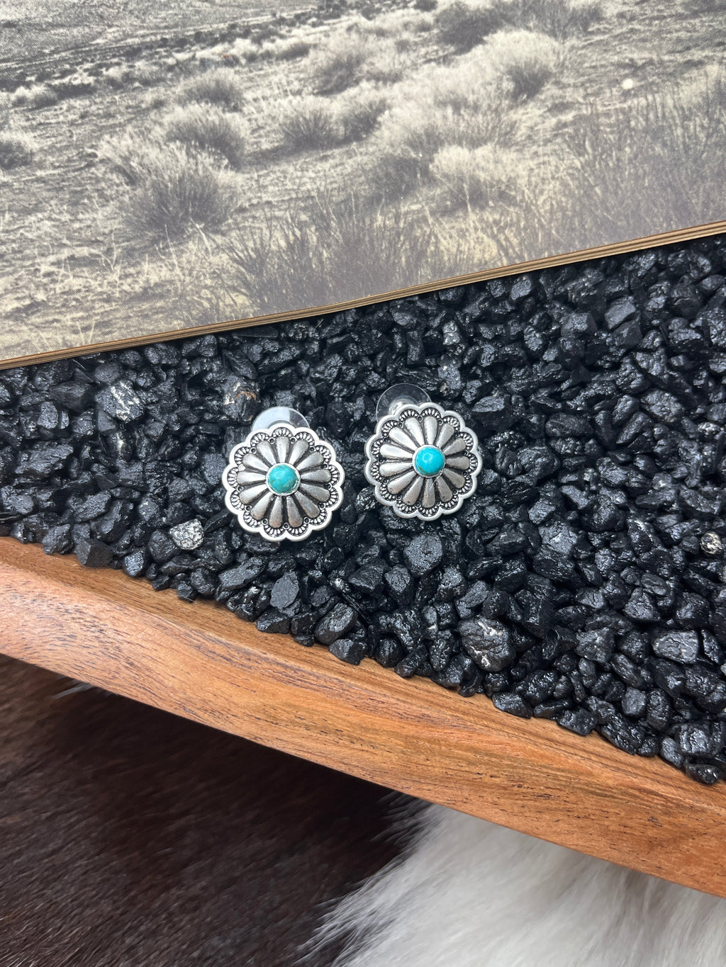 Faux Silver and Turquoise Concho Earrings