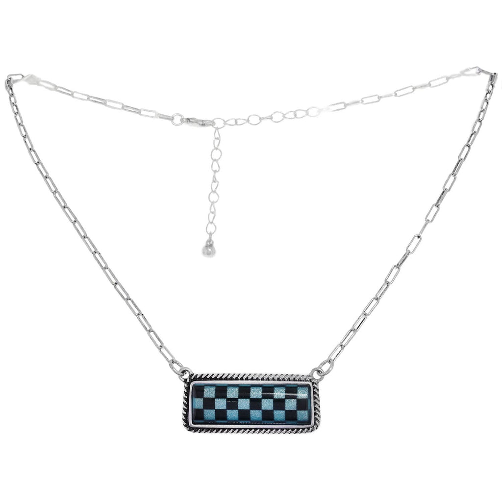 Faux Silver Western Checkerboard Bar Pendant Necklace