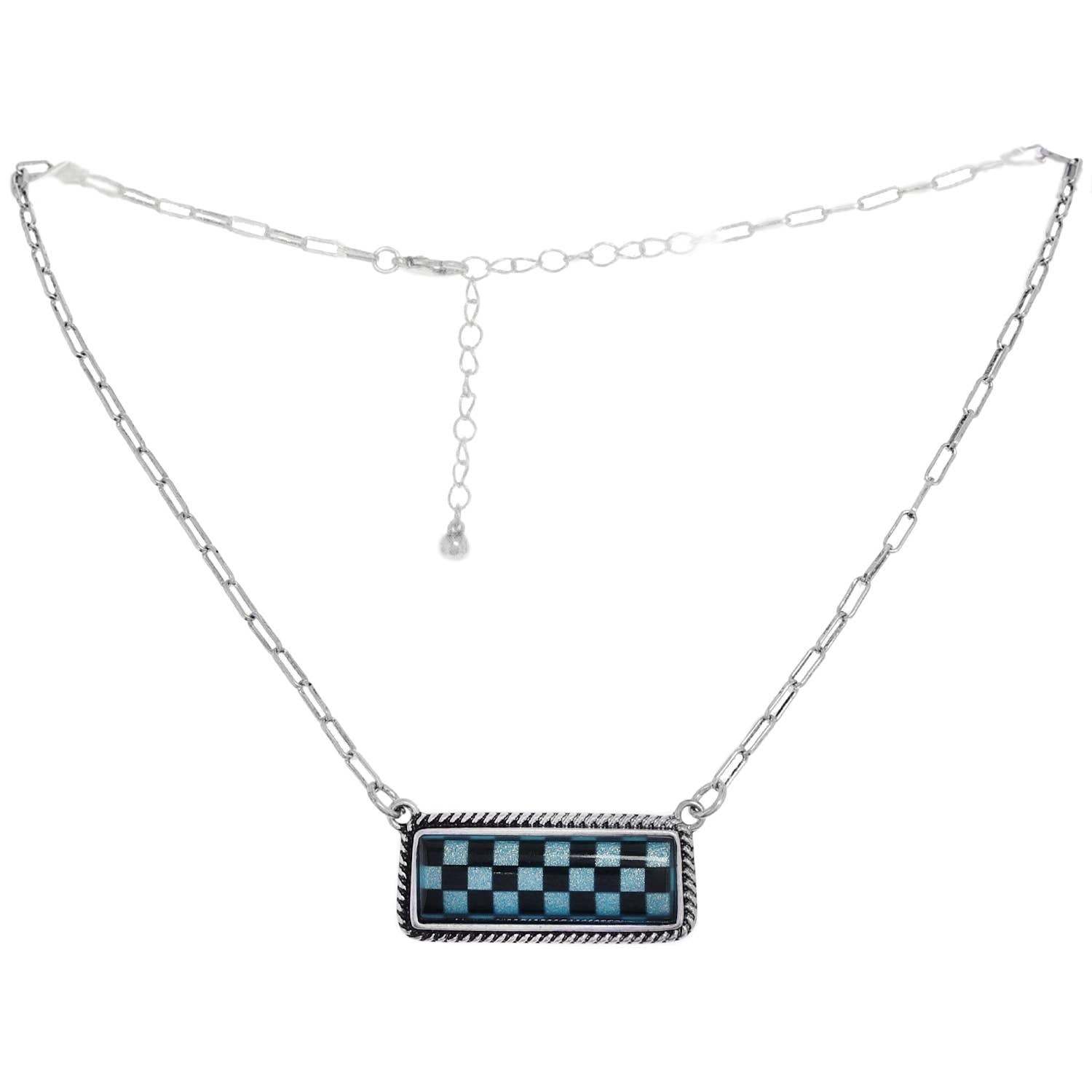 Faux Silver Western Checkerboard Bar Pendant Necklace