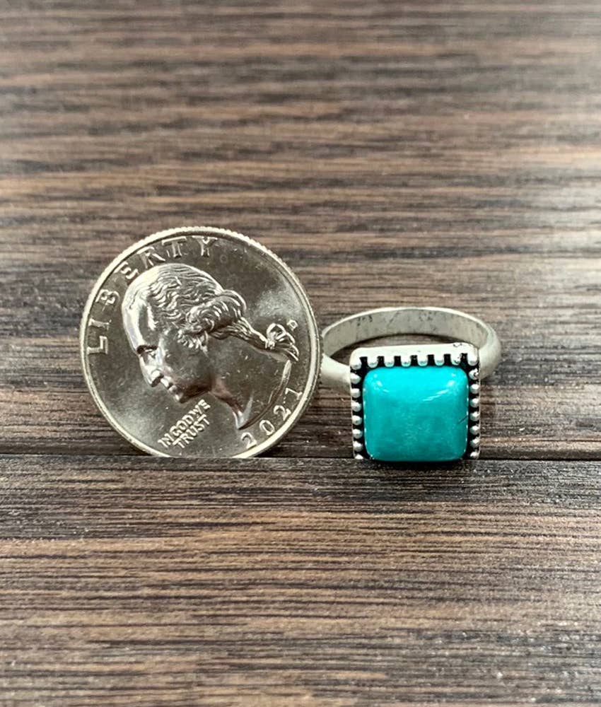 Faux Silver 10mm Square Turquoise Adjustable Ring