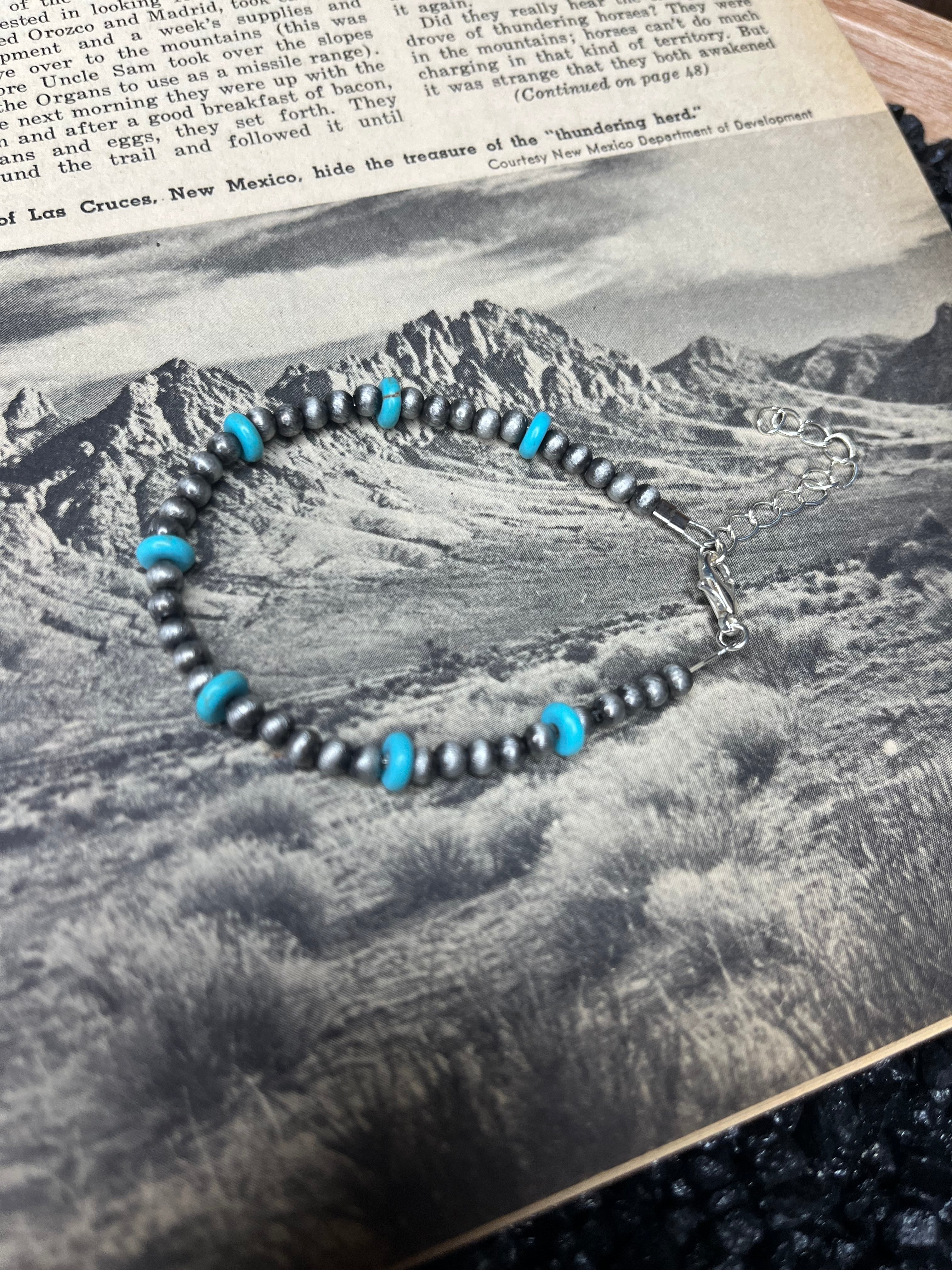 Faux 4mm Silver Pearls and 6mm Turquoise Saucer Bead Bracelet