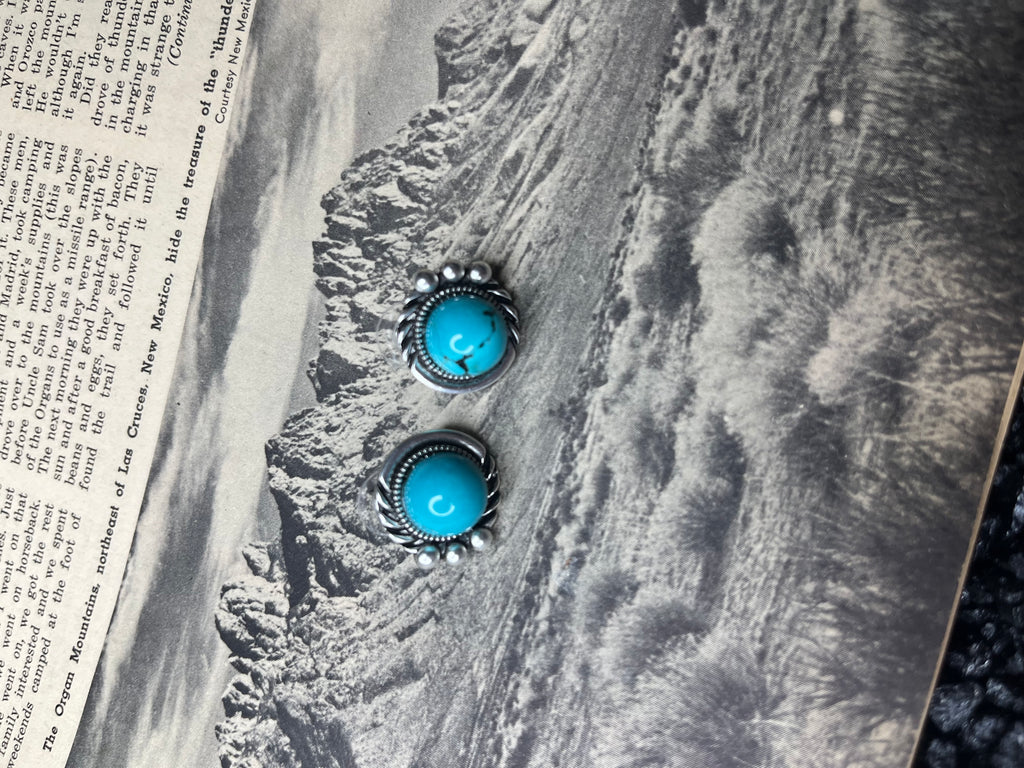 Faux Silver and Turquoise Large Round Detailed Studs