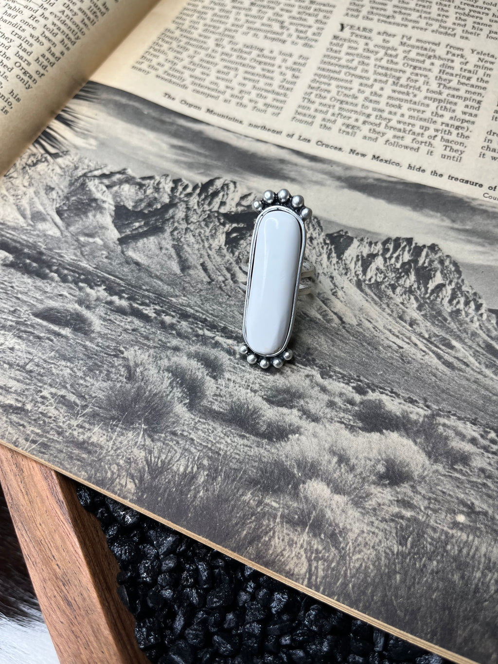 Faux Silver and White Gemstone Long Adjustable Ring