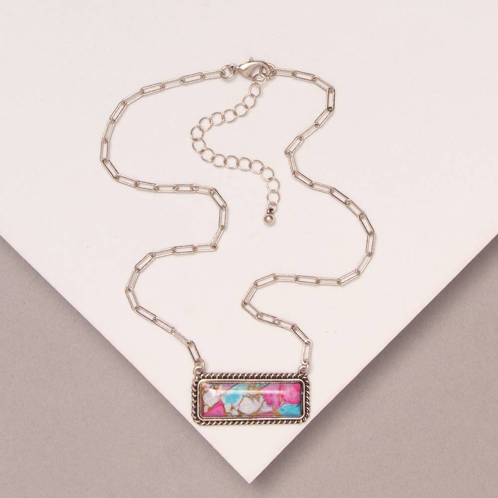 Faux Silver Western Marbled Colored Turquoise Rectangle Pendant Necklace