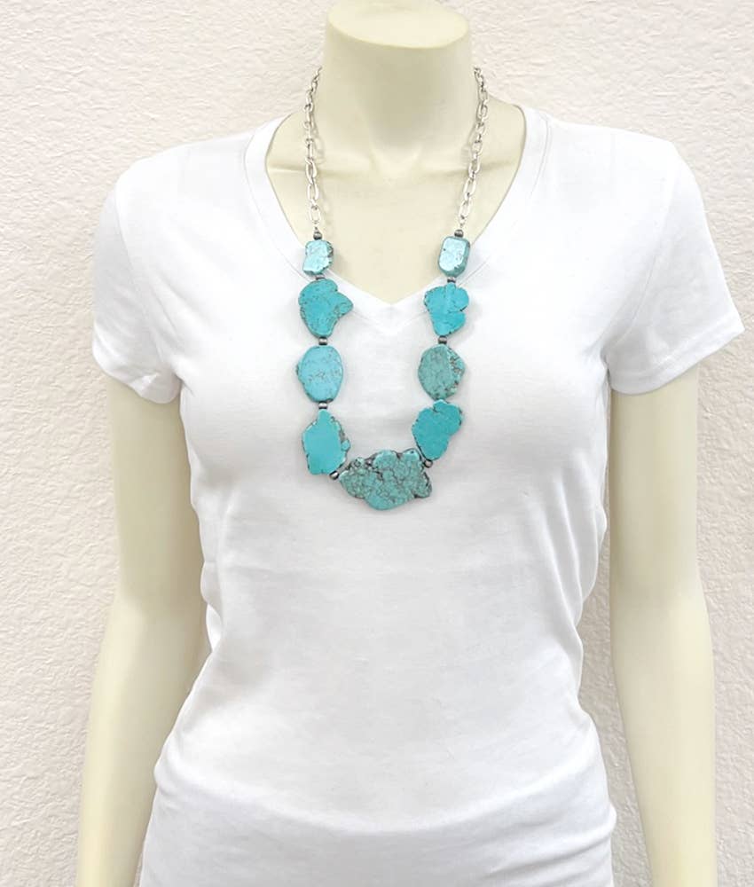 Faux Silver " Graduated Slab Turquoise Necklace
