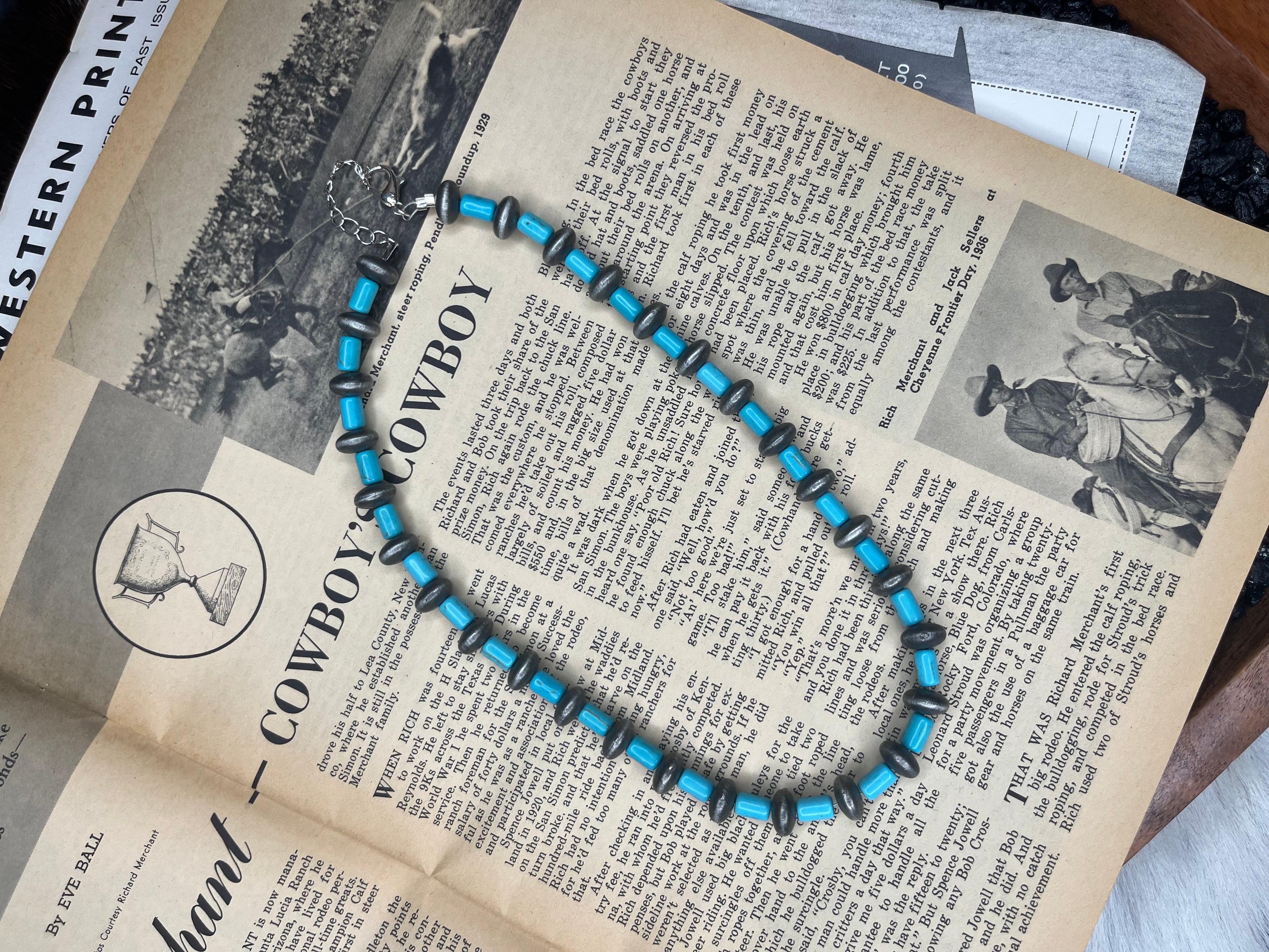 16” Faux Silver Saucer Pearls and Faux Turquoise Barrel Beads Necklace