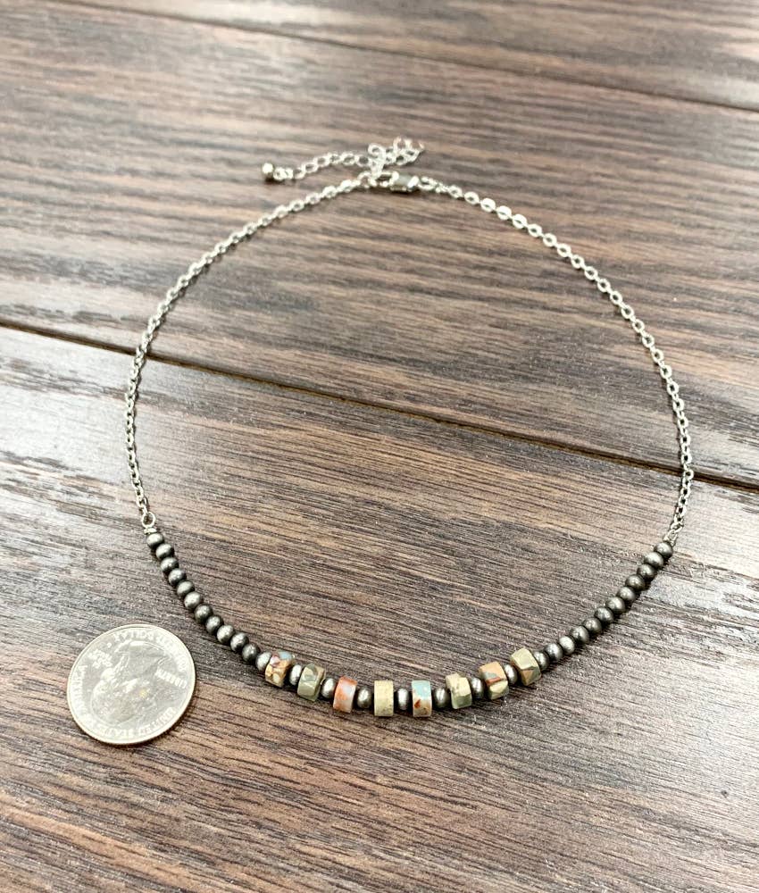 Faux Silver 15" Western 6mm Gemstone Necklace