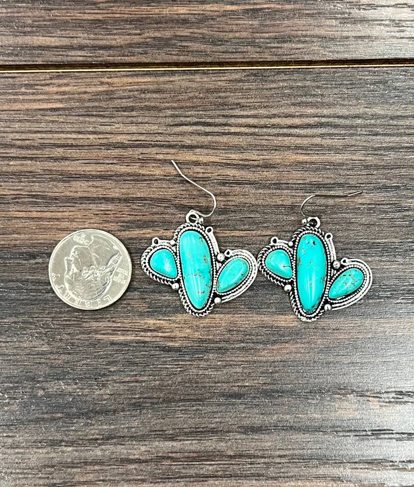 Faux Silver 1.2" Western Cactus Turquoise Earrings