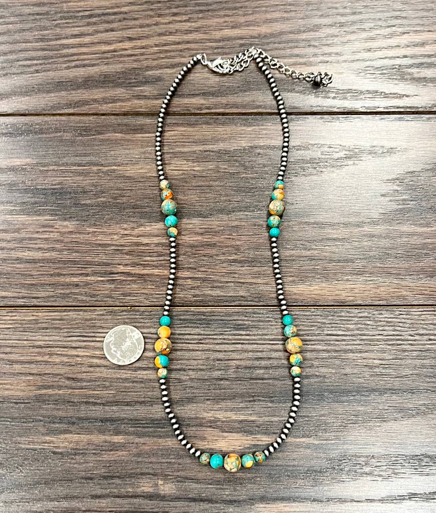 22" Faux Silver Pearls Western Gemstone Necklace