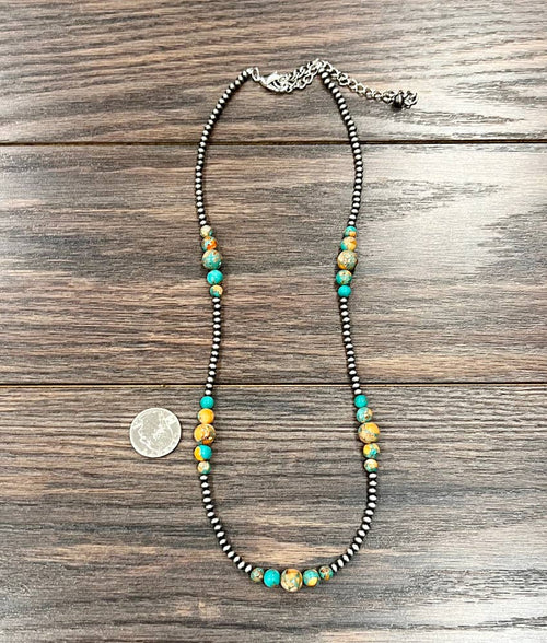 22" Faux Silver Pearls Western Gemstone Necklace