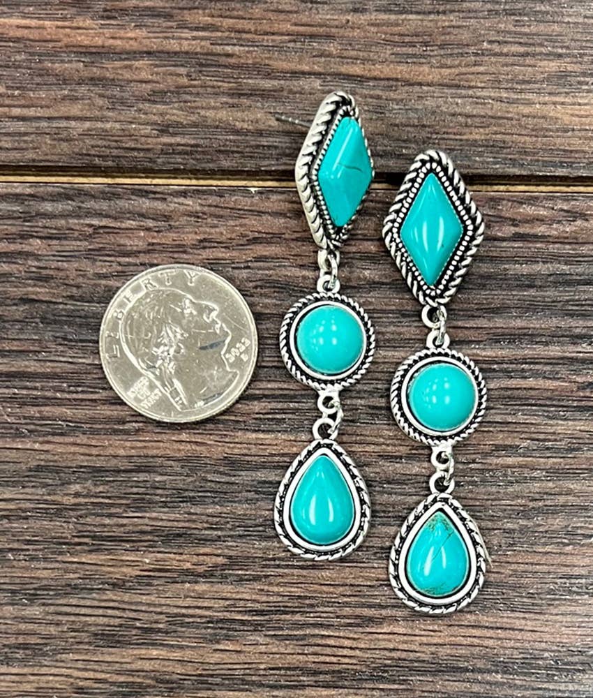 Faux Silver 2.7" Western Turquoise Post Earrings