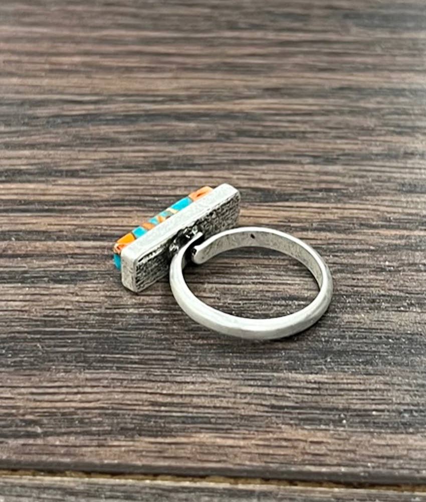 Faux Silver 18mm Side Bar Gemstone Adjustable Ring