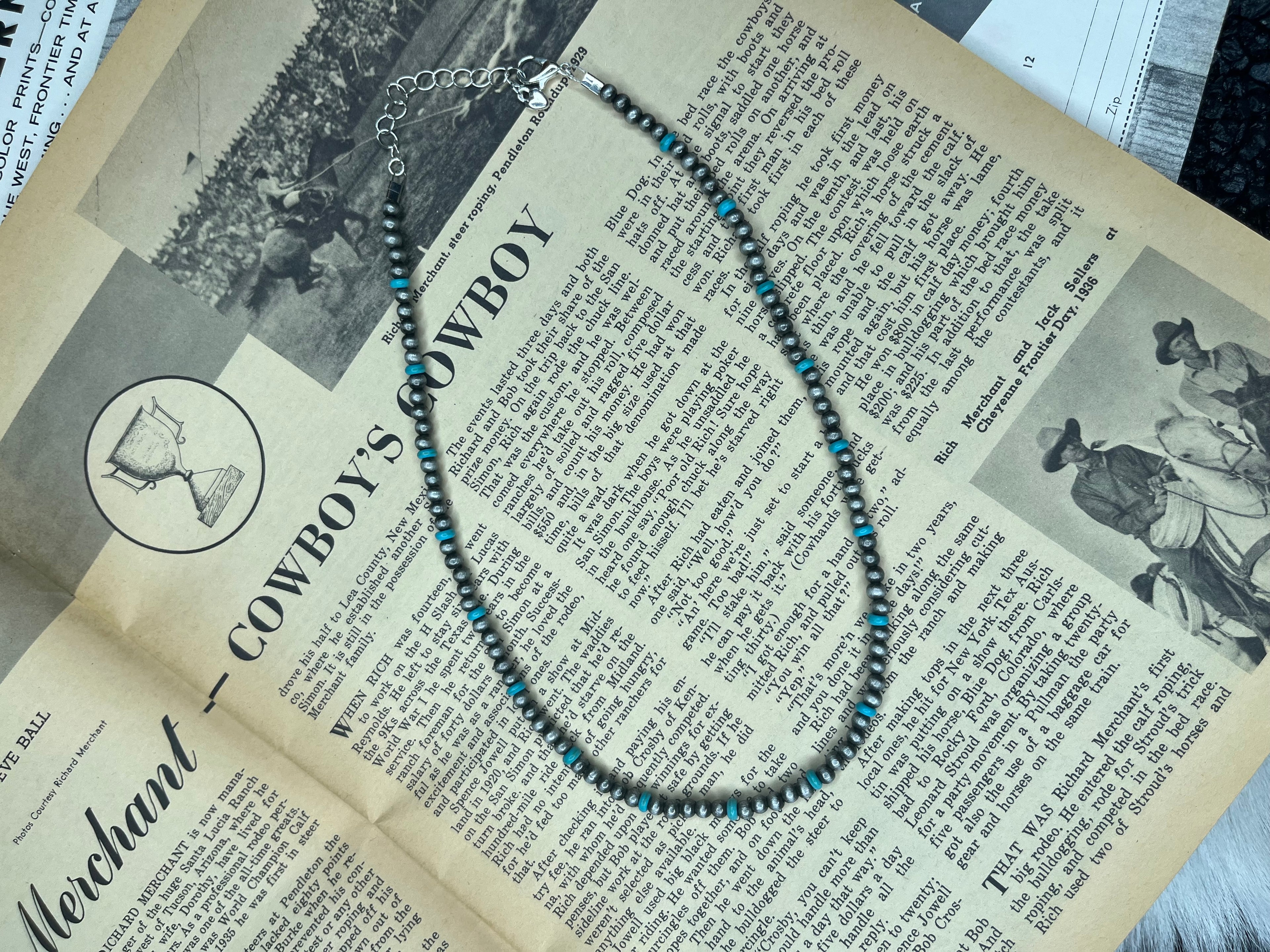 14” 4mm Faux Silver Pearls and Turquoise Necklace