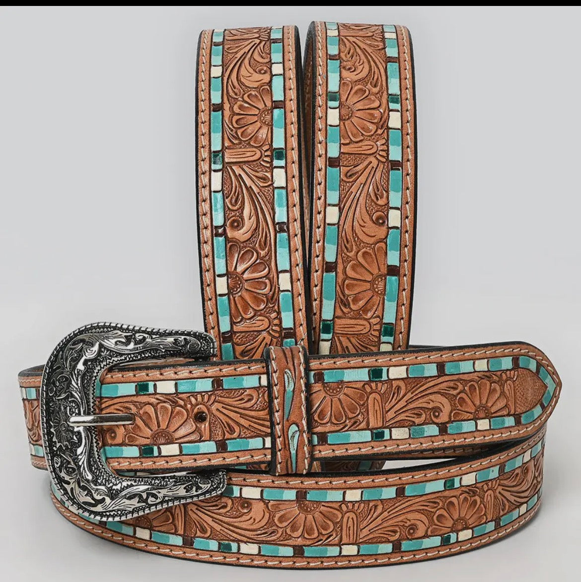 Turquoise Mosaic and Floral Inlay Belt