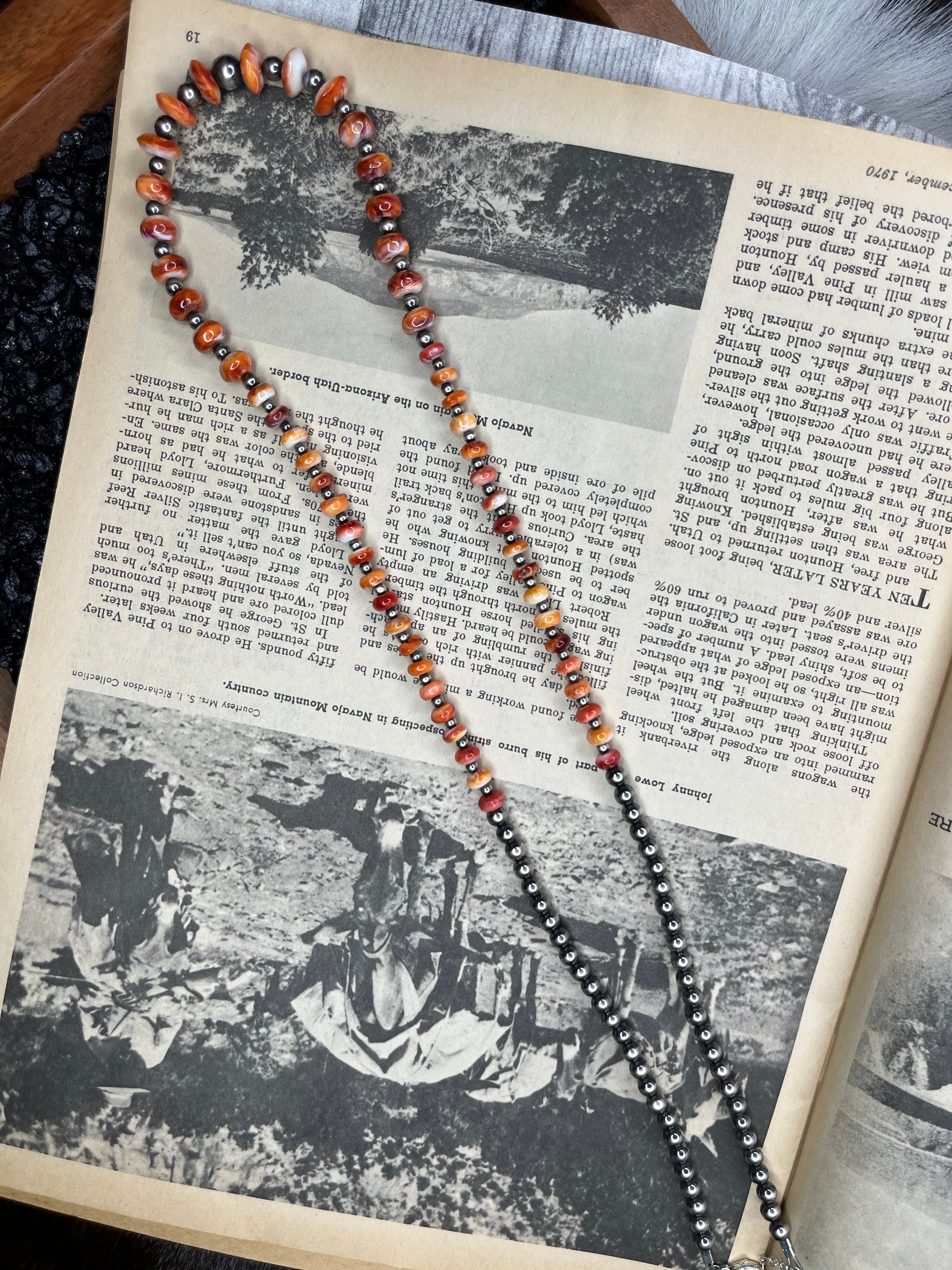 Graduated Sterling Silver Pearls and Orange Spiney Statement Peice