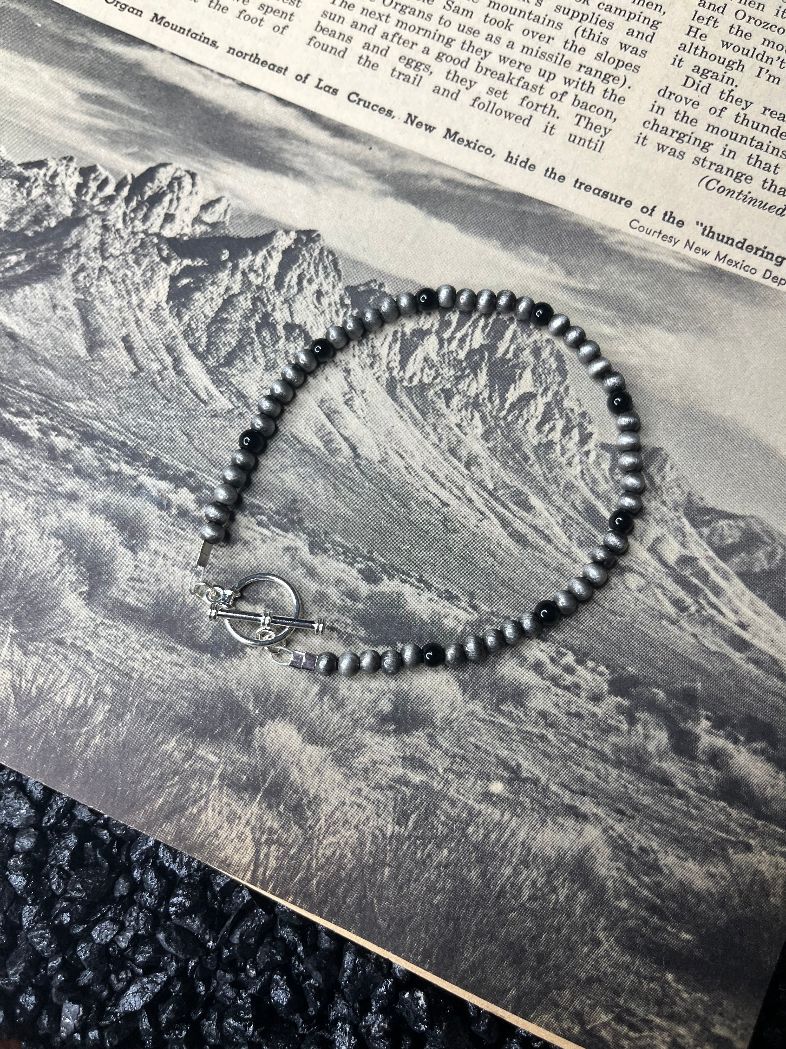 Small Faux Silver Pearls and Black Gemstone Bracelet