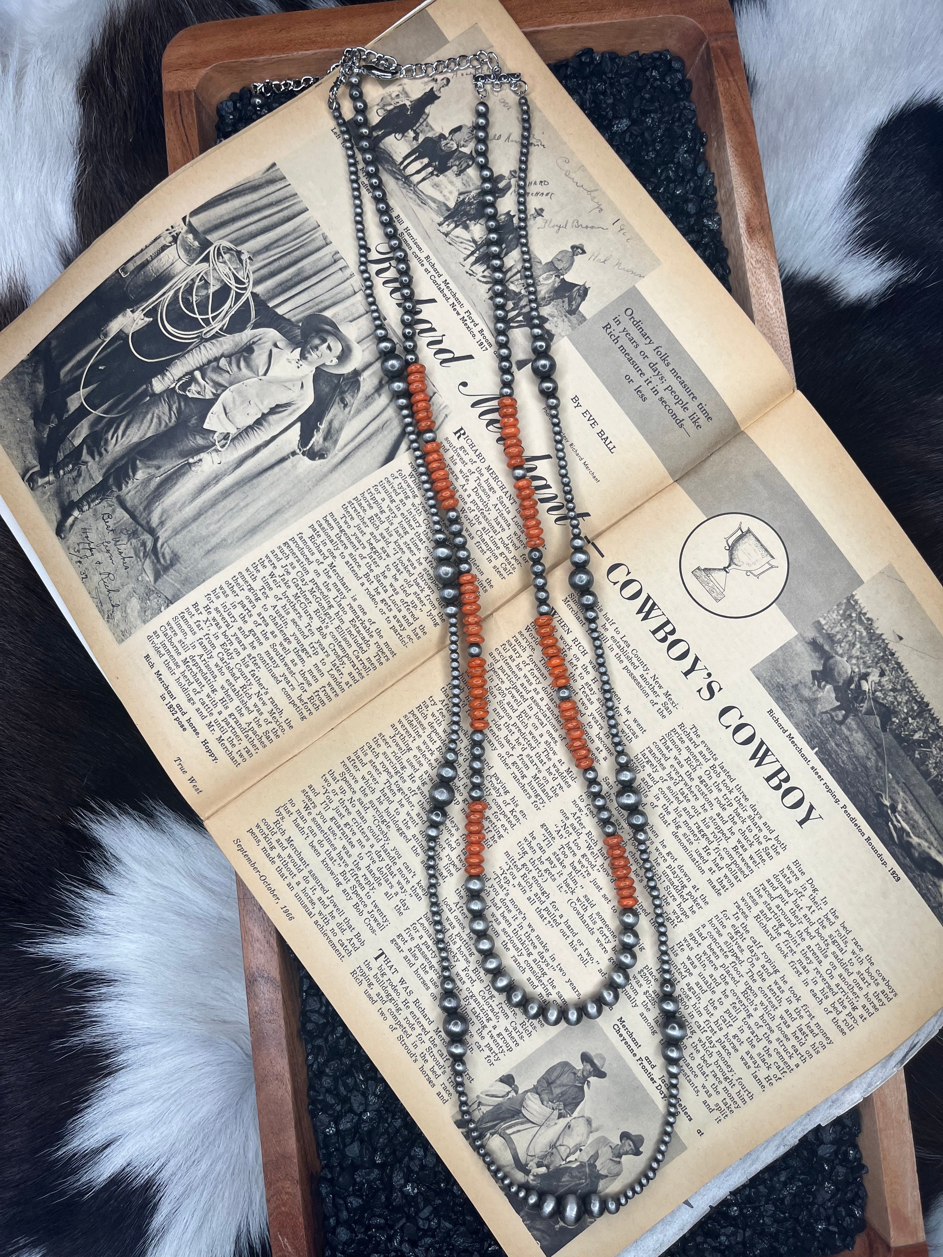 2 Layer Faux Silver Pearls and Orange Gemstone Statement Necklace