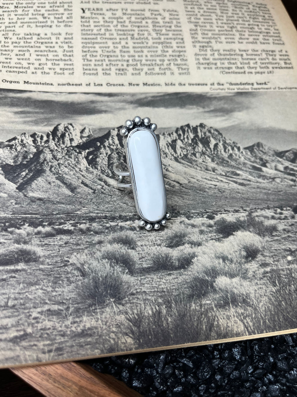 Faux Silver and White Gemstone Long Adjustable Ring