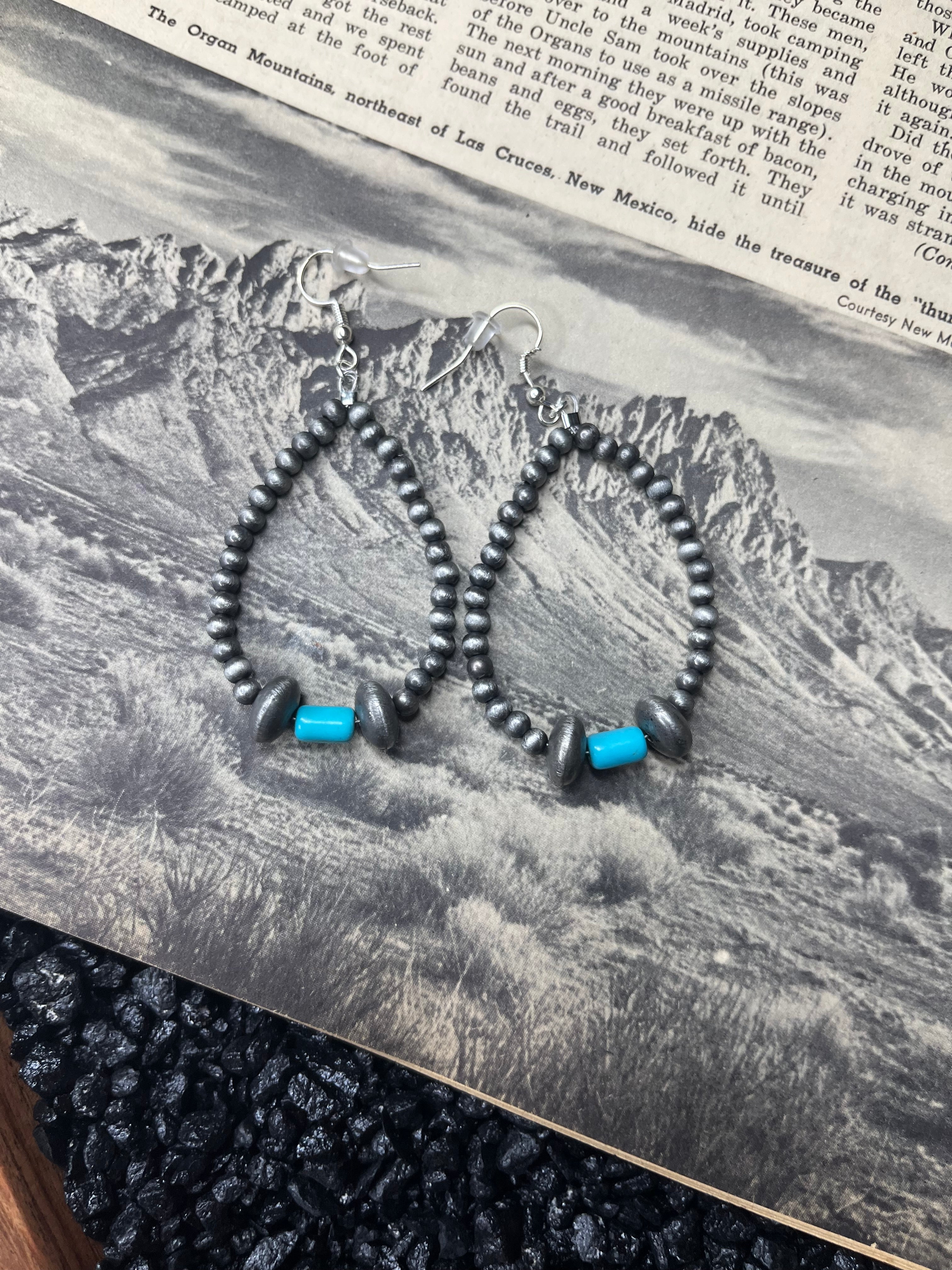 Faux Silver Pearls and Turquoise Saucer Drop Dangle Earrings