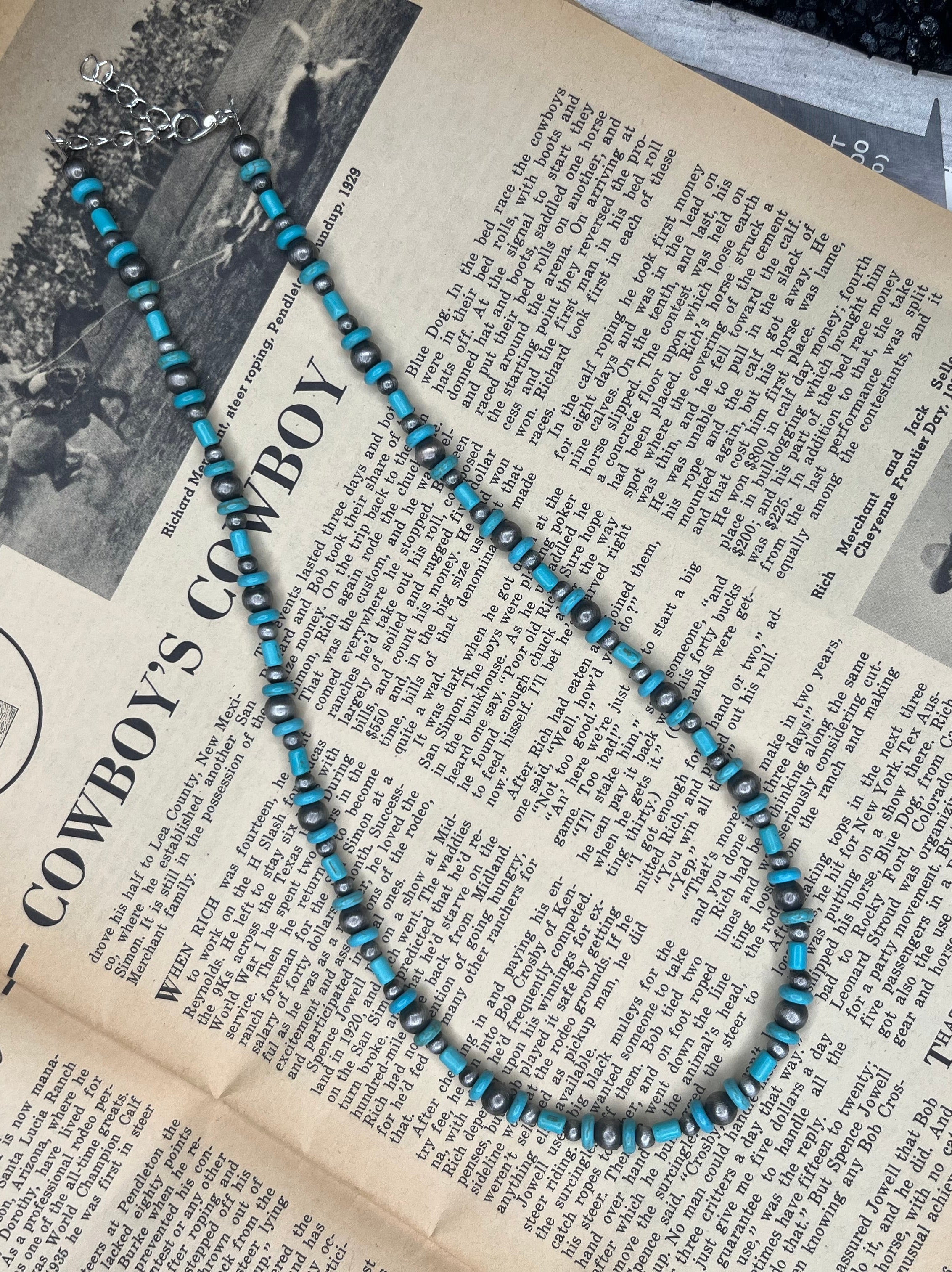 Faux Silver and Turquoise Variated Pearls and Turquoise Necklace