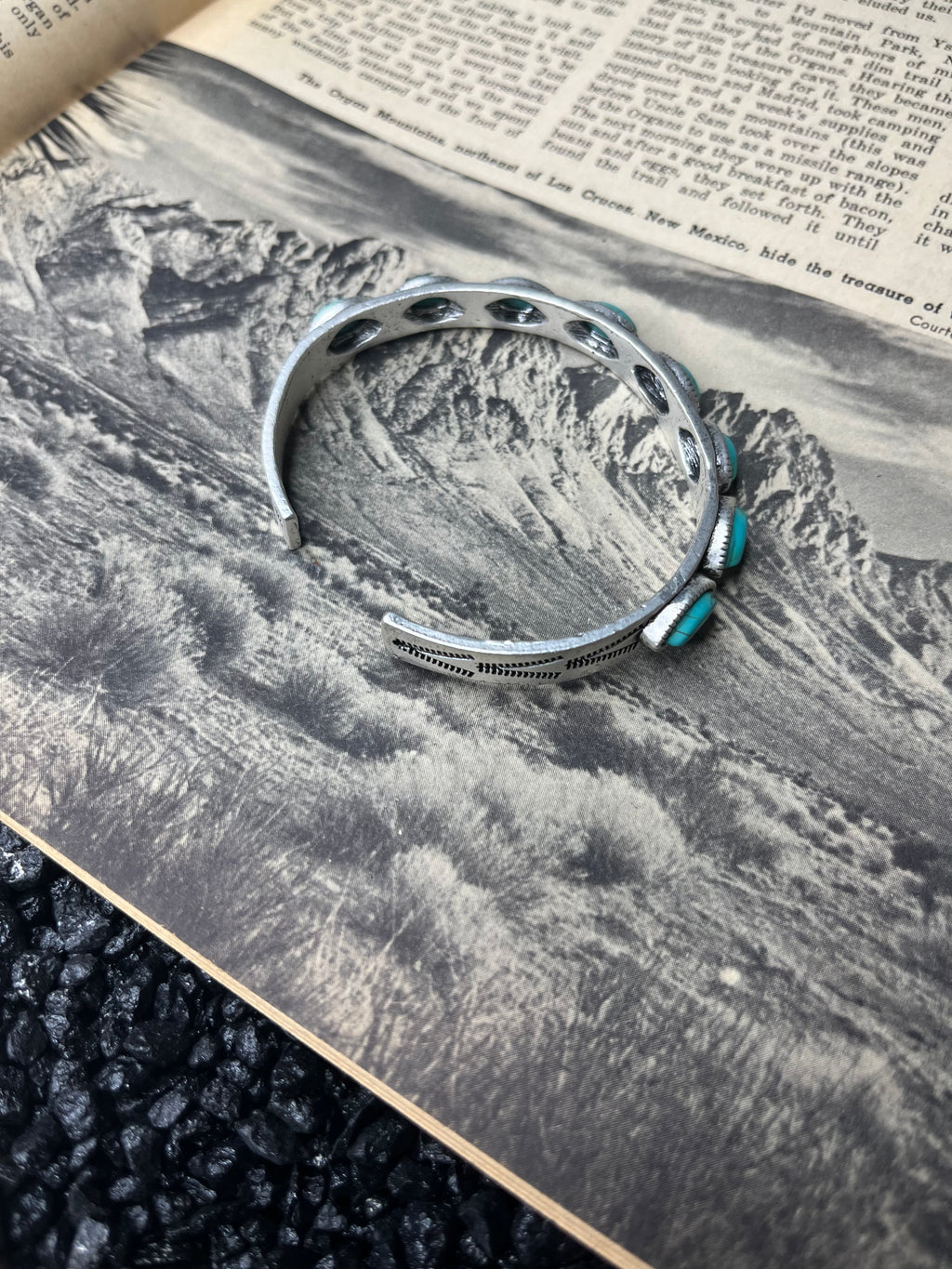 Faux Silver and Turquoise 8 Stone Detailed Adjustable Cuff