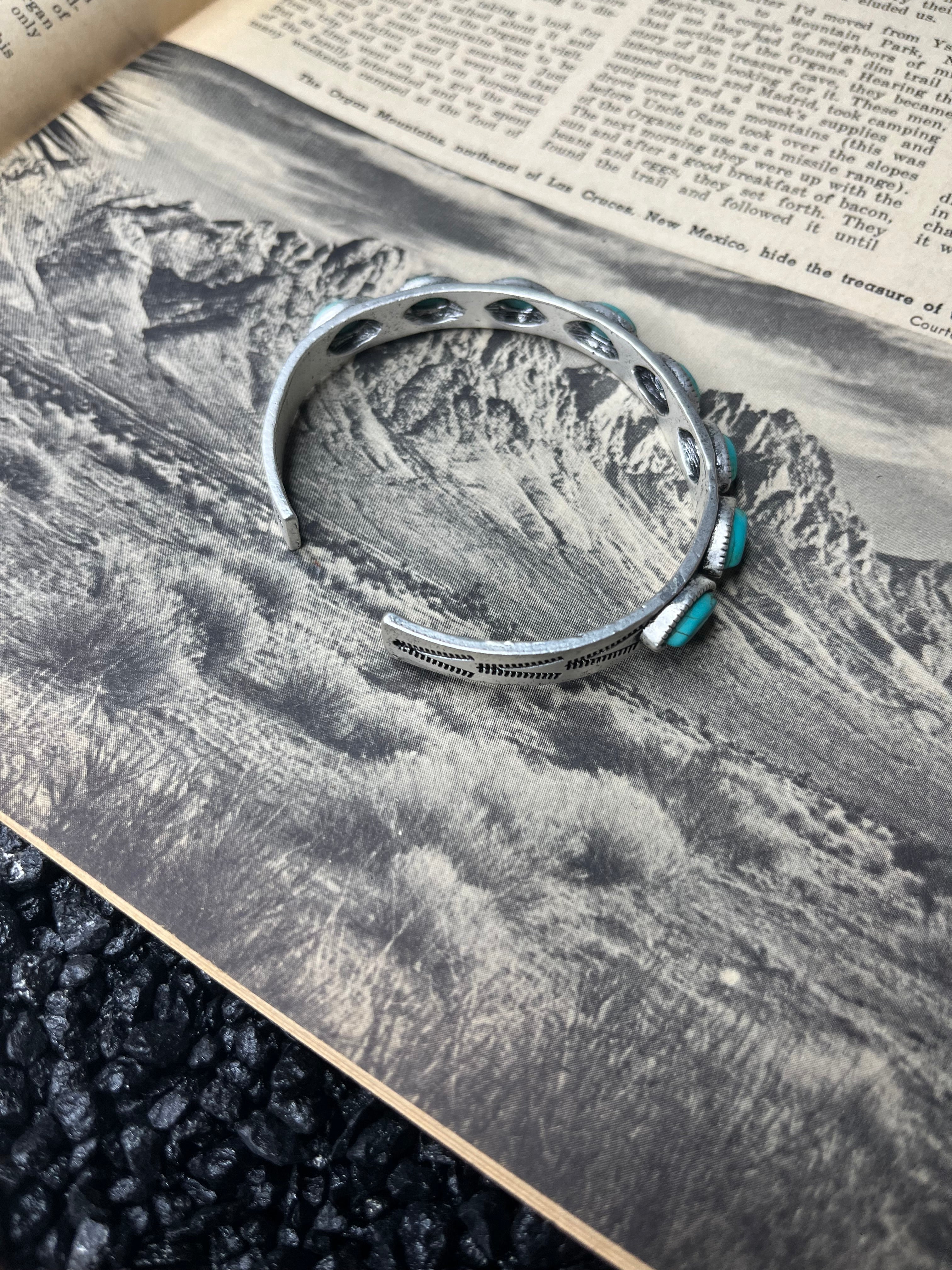 Faux Silver and Turquoise 8 Stone Detailed Adjustable Cuff