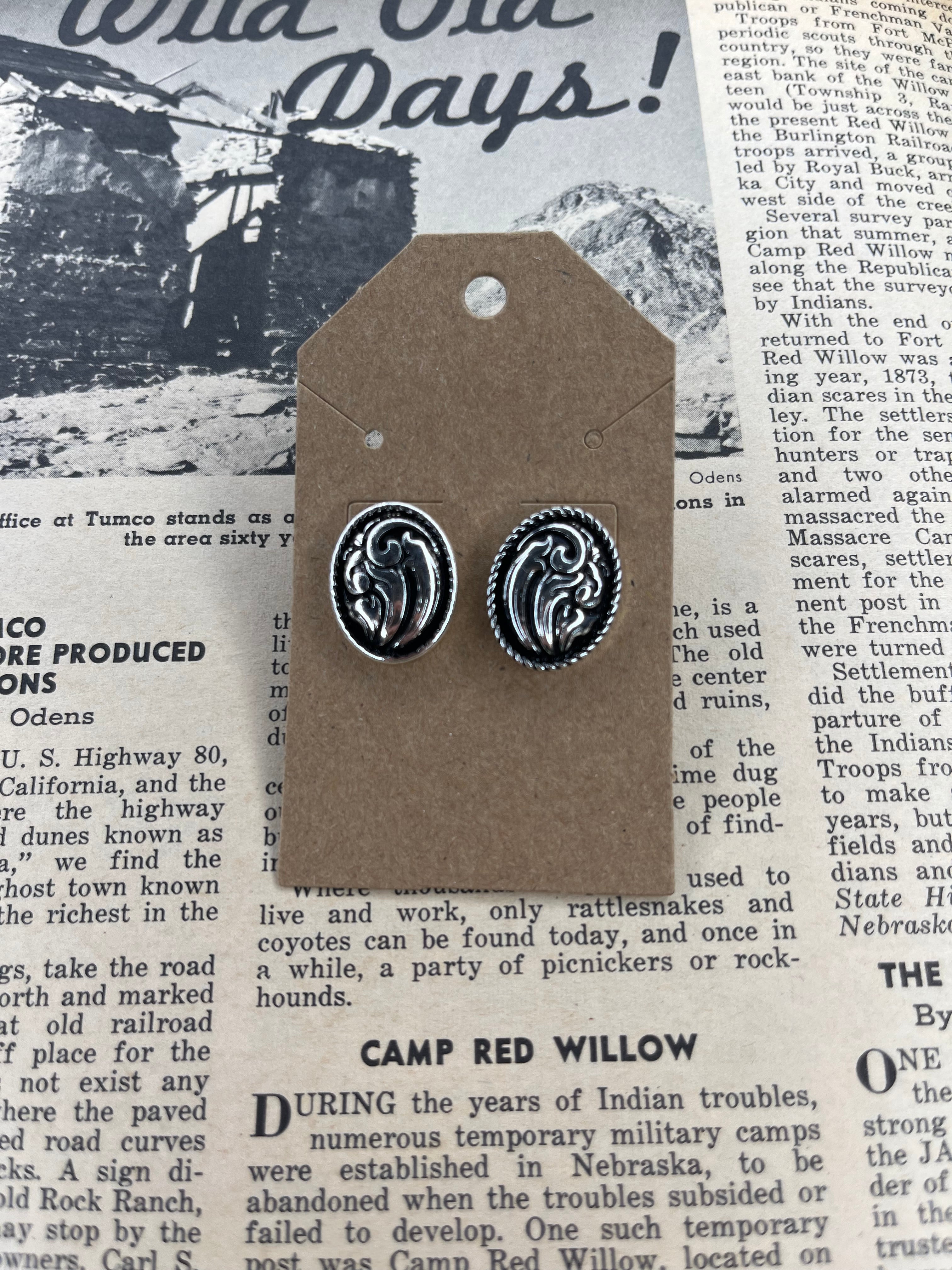 Faux Silver Tooled Oval Studs