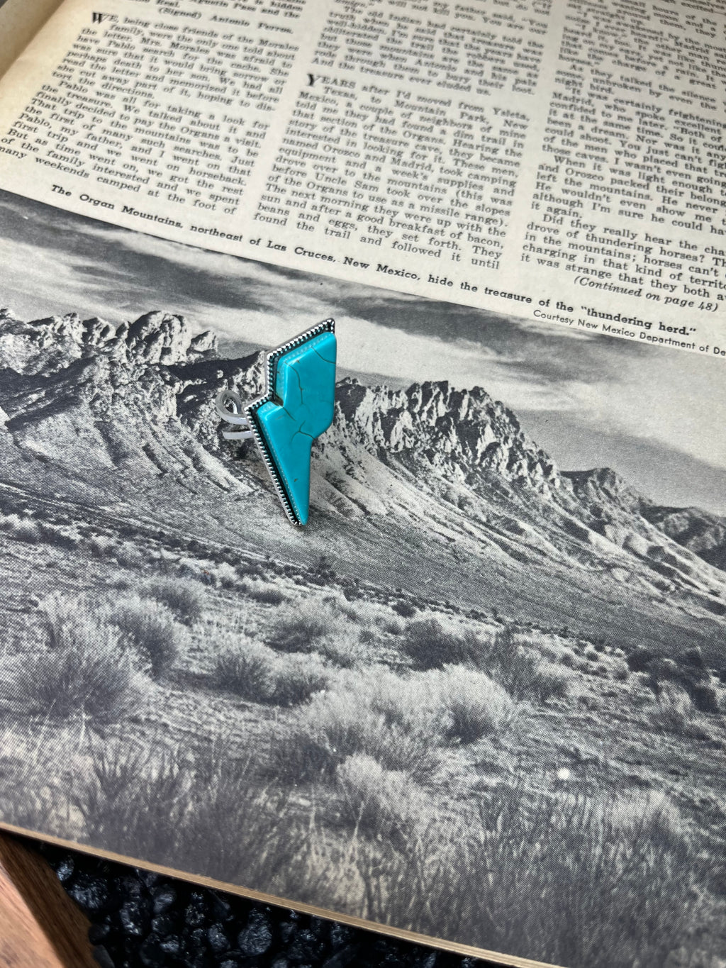 Faux Silver and Turquoise Lightning Bolt Adjustable Ring