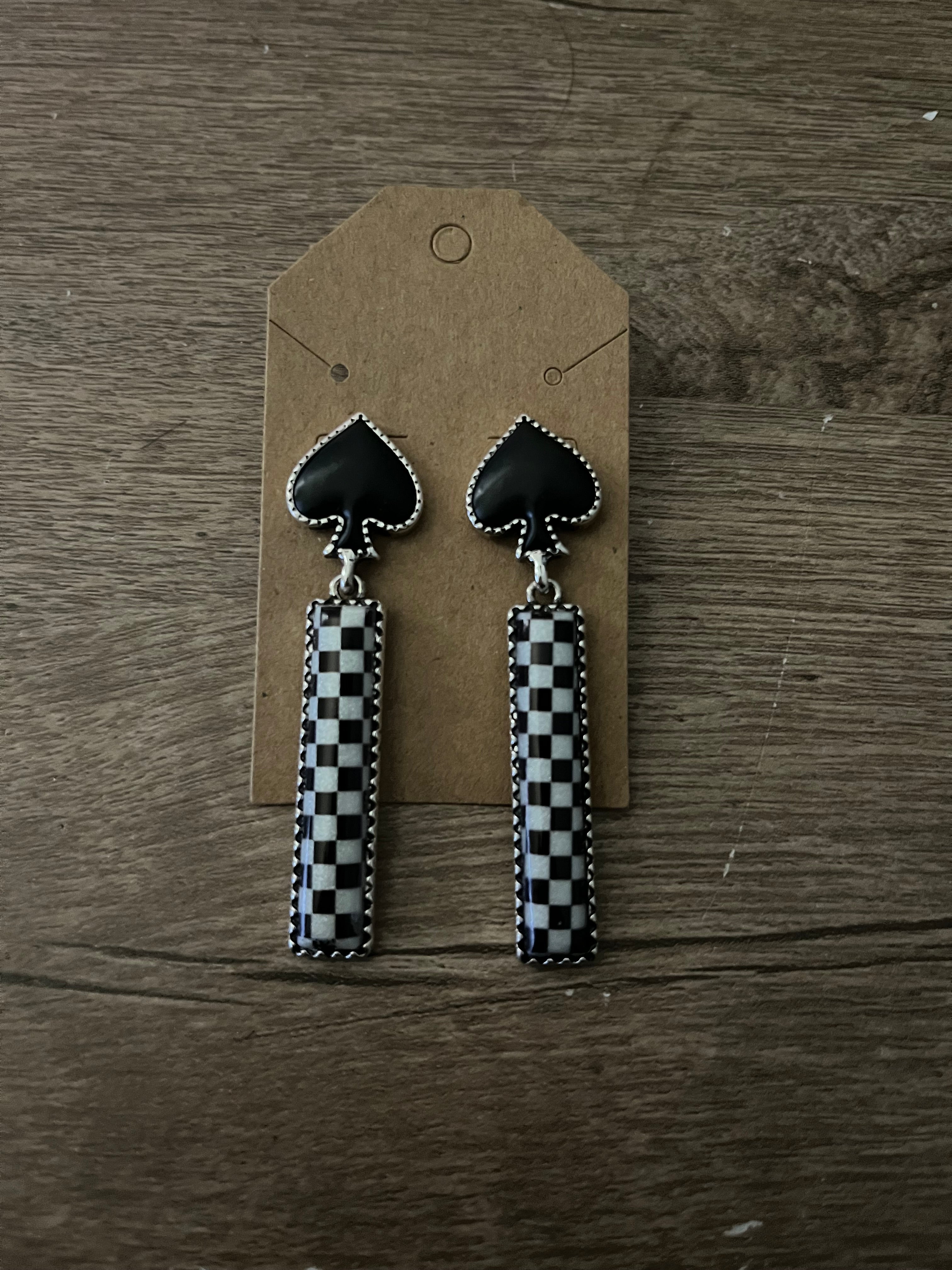 Faux Silver Checkered Spade Earrings