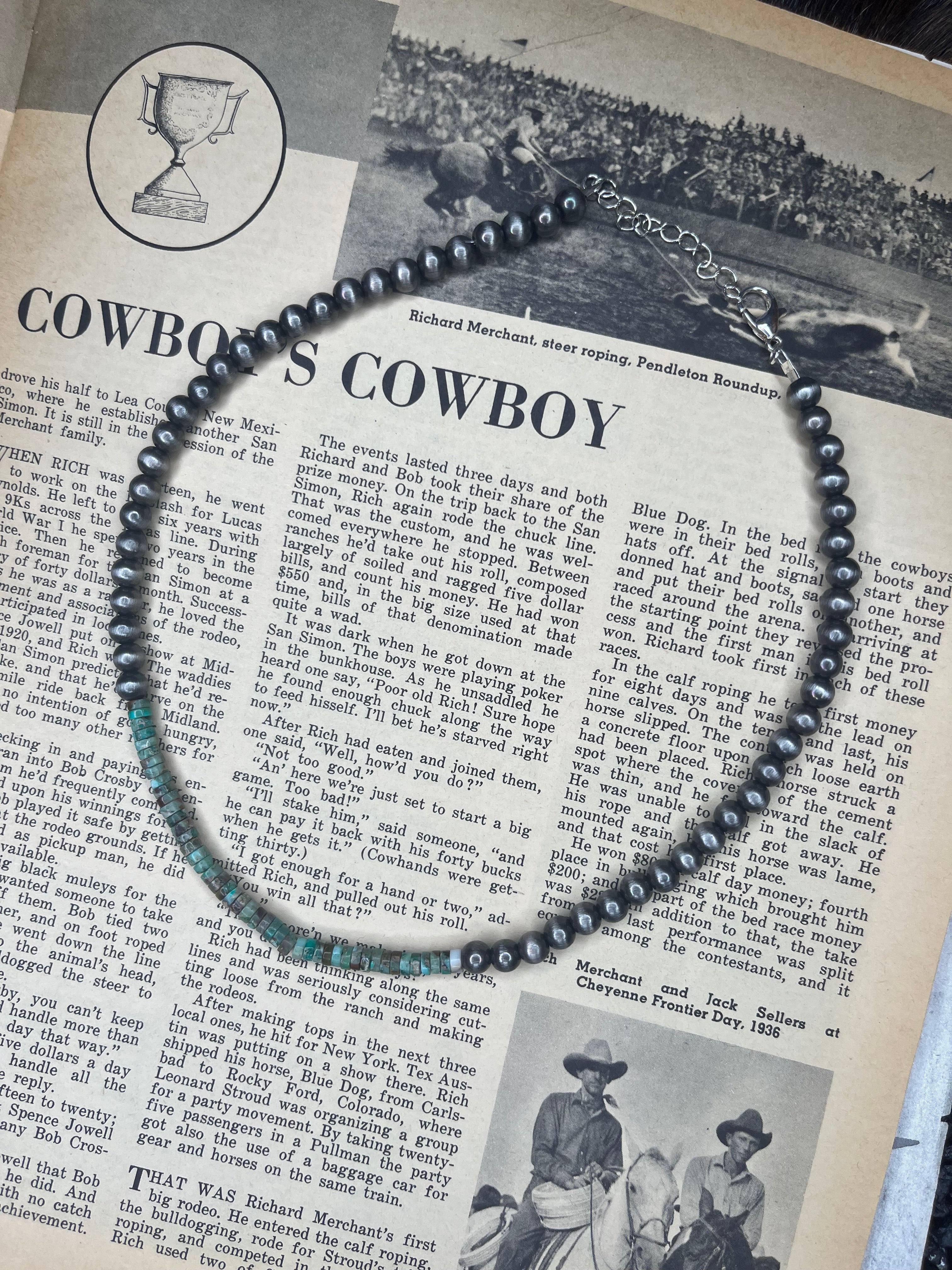 15” Faux Silver Pearls and Small Turquoise Beads Necklace