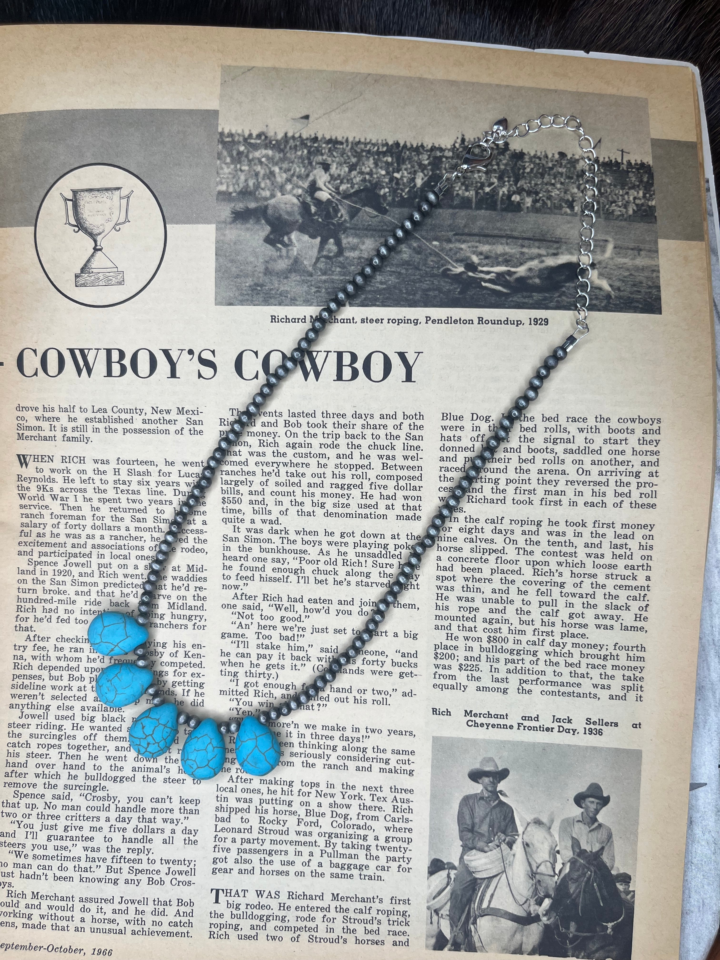 Faux Silver Pearls and 5 Turquoise Drop Bead Necklace
