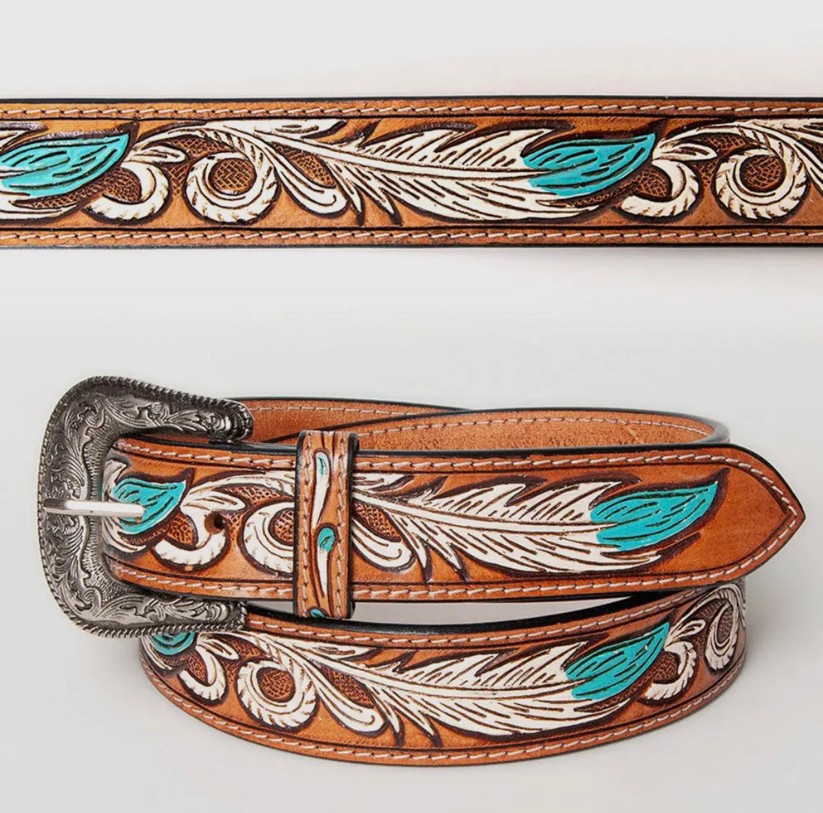 Turquoise Feather Leather Belt