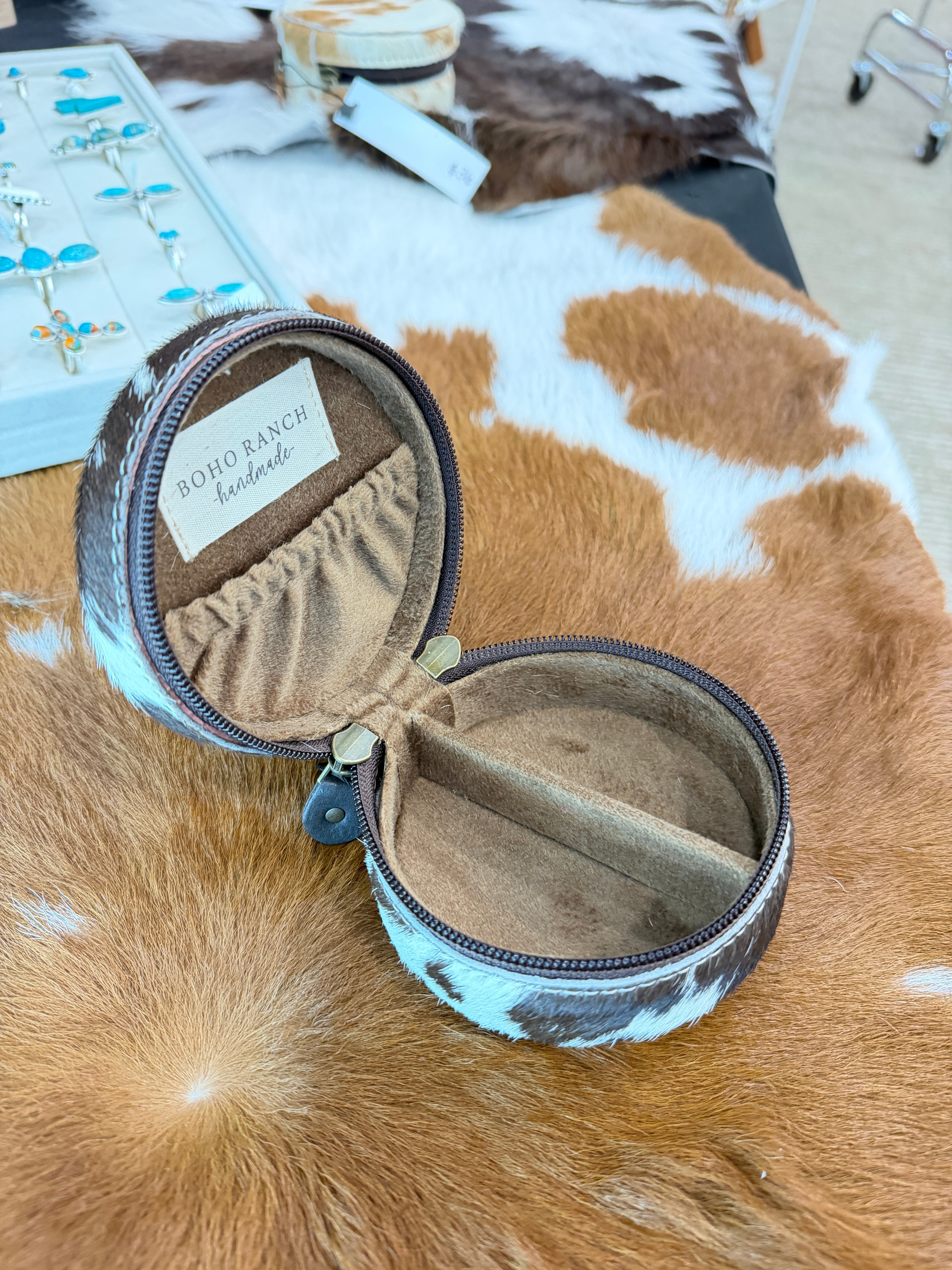 Mini Circle Cow Hide Jewelry Box