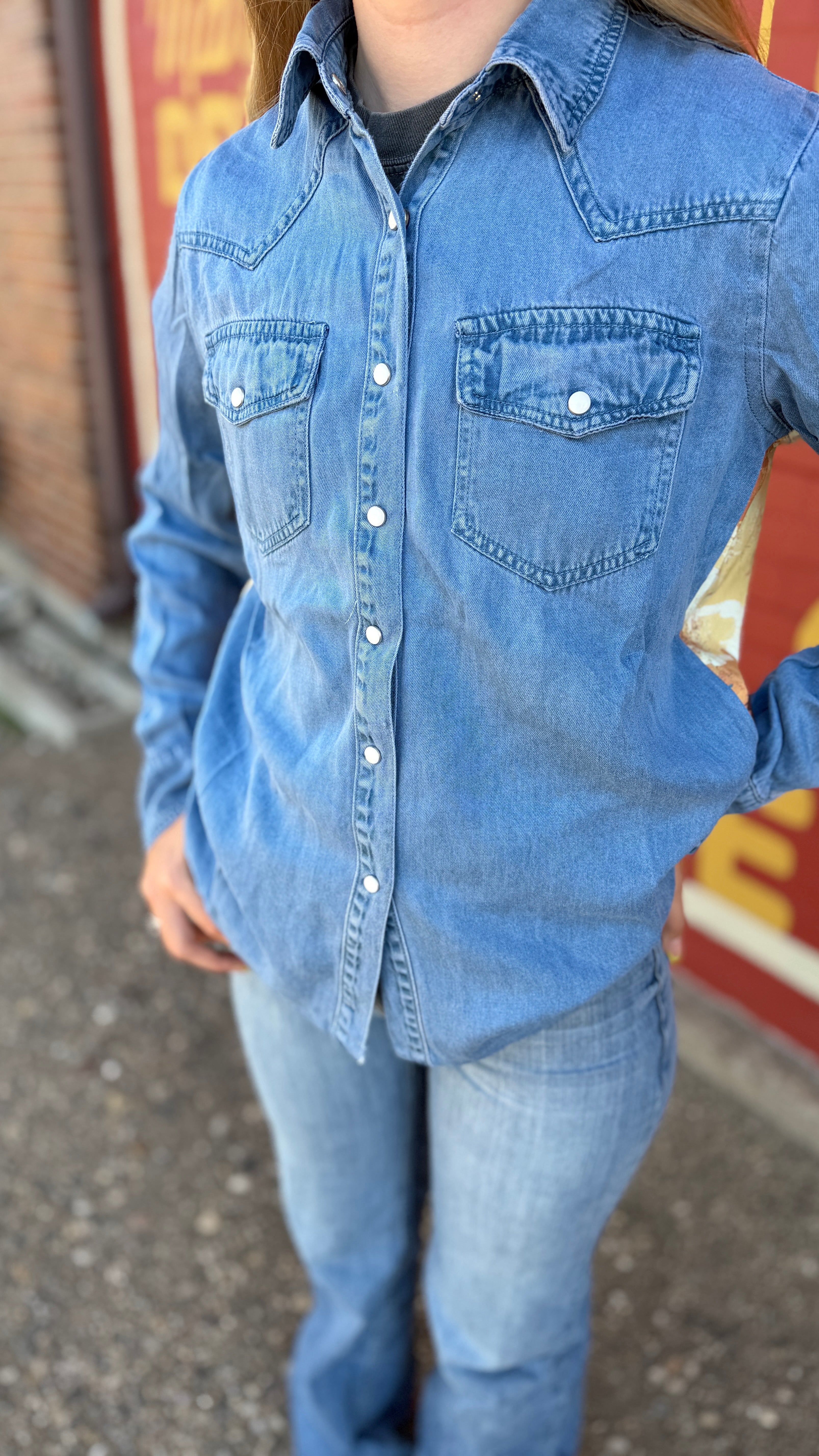 Light Wash Tencil Western Yoke Printed Vintage Shirt
